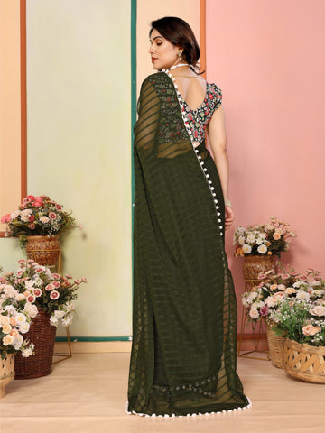 SHYAMIKA Georgette Patta Plain Saree with Digital Print Blouse