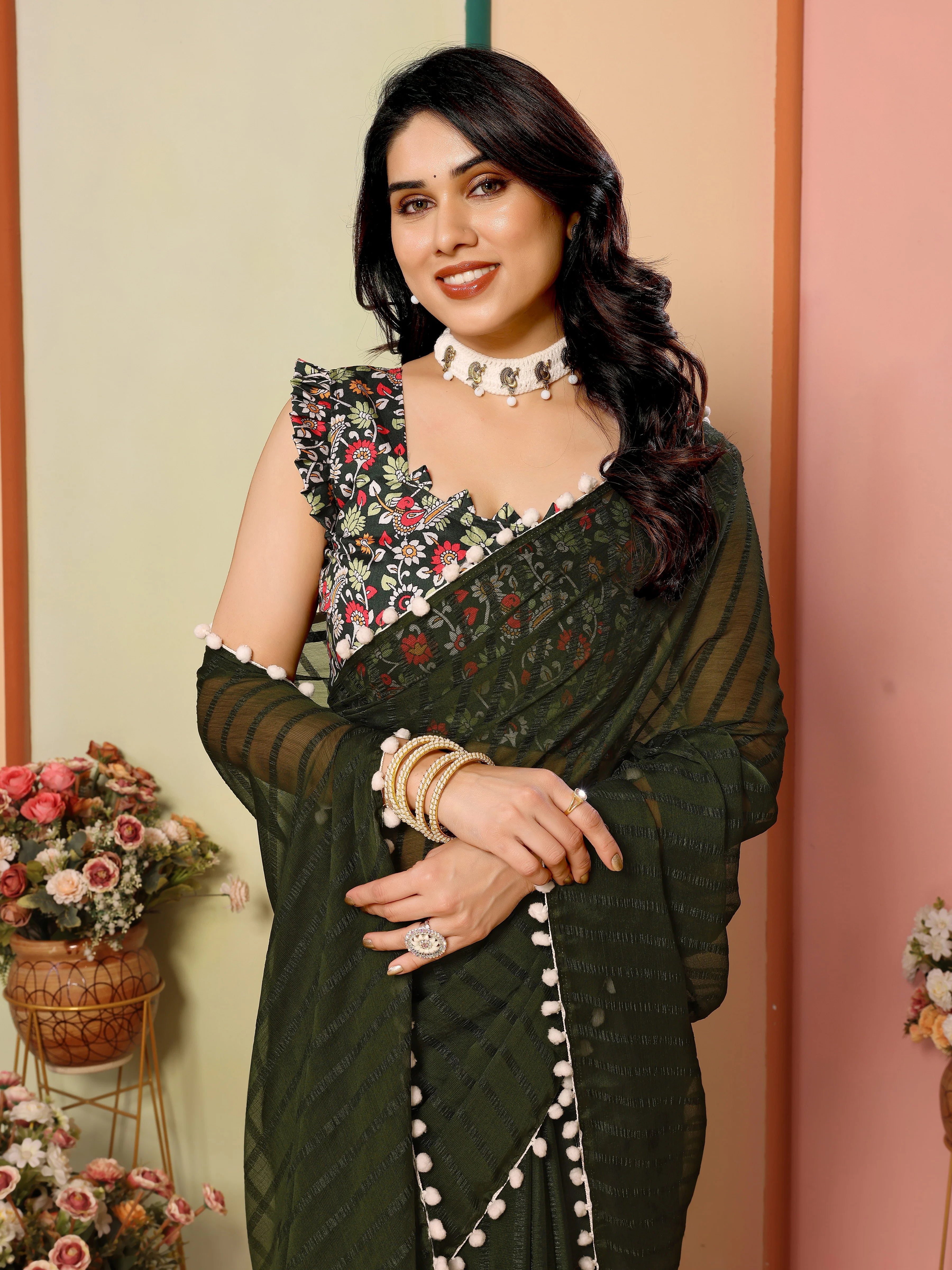 SHYAMIKA Georgette Patta Plain Saree with Digital Print Blouse