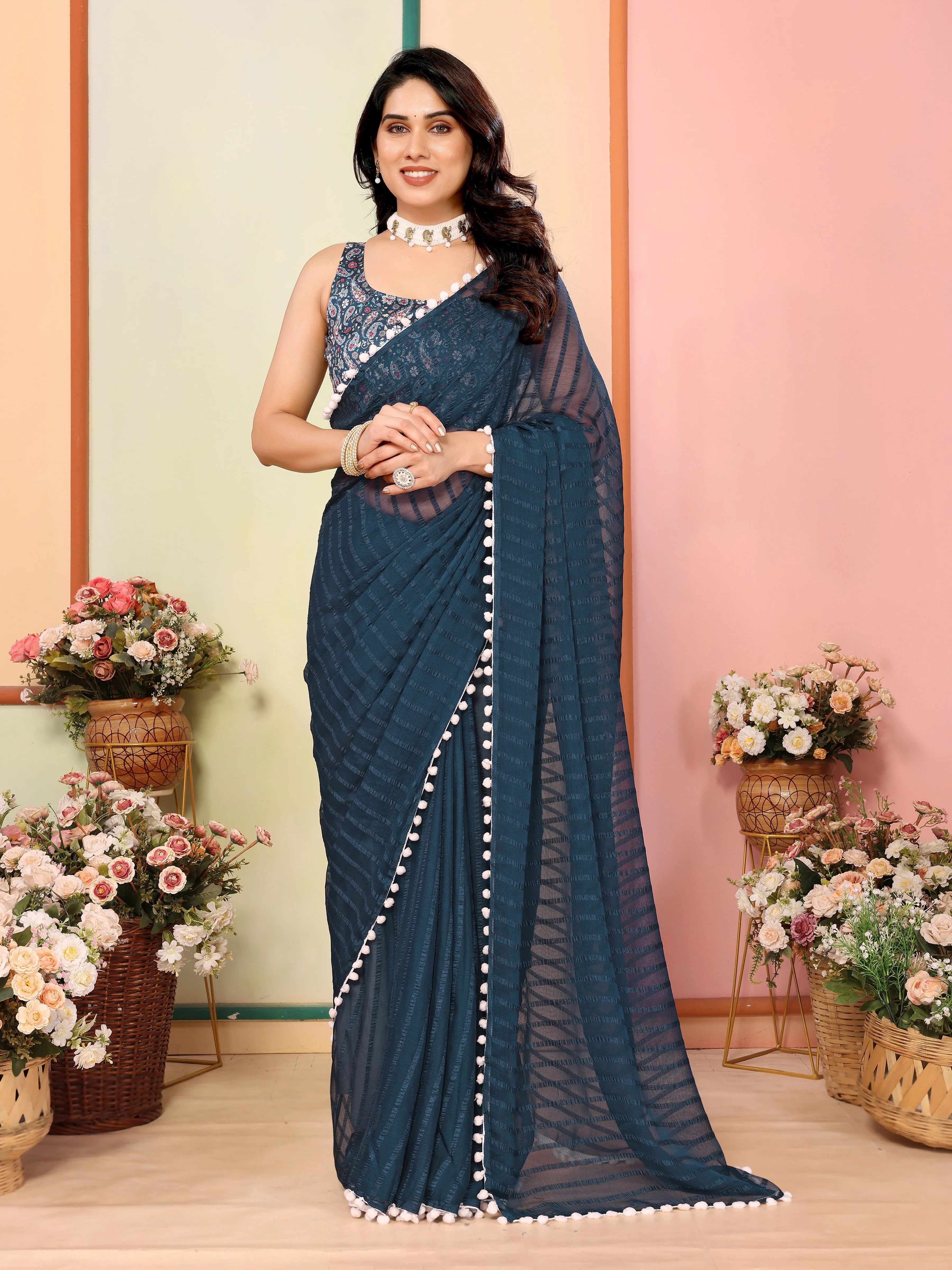 SHYAMIKA Georgette Patta Plain Saree with Digital Print Blouse