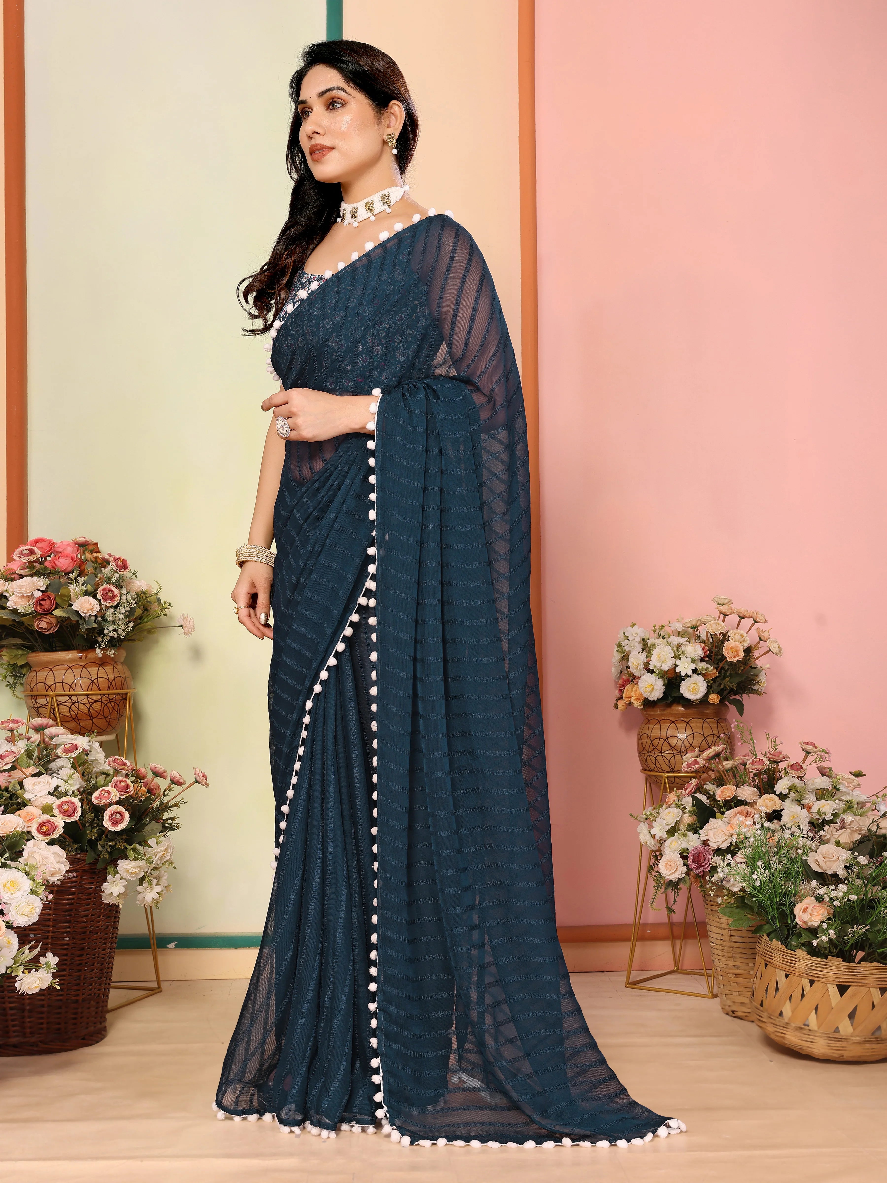 SHYAMIKA Georgette Patta Plain Saree with Digital Print Blouse