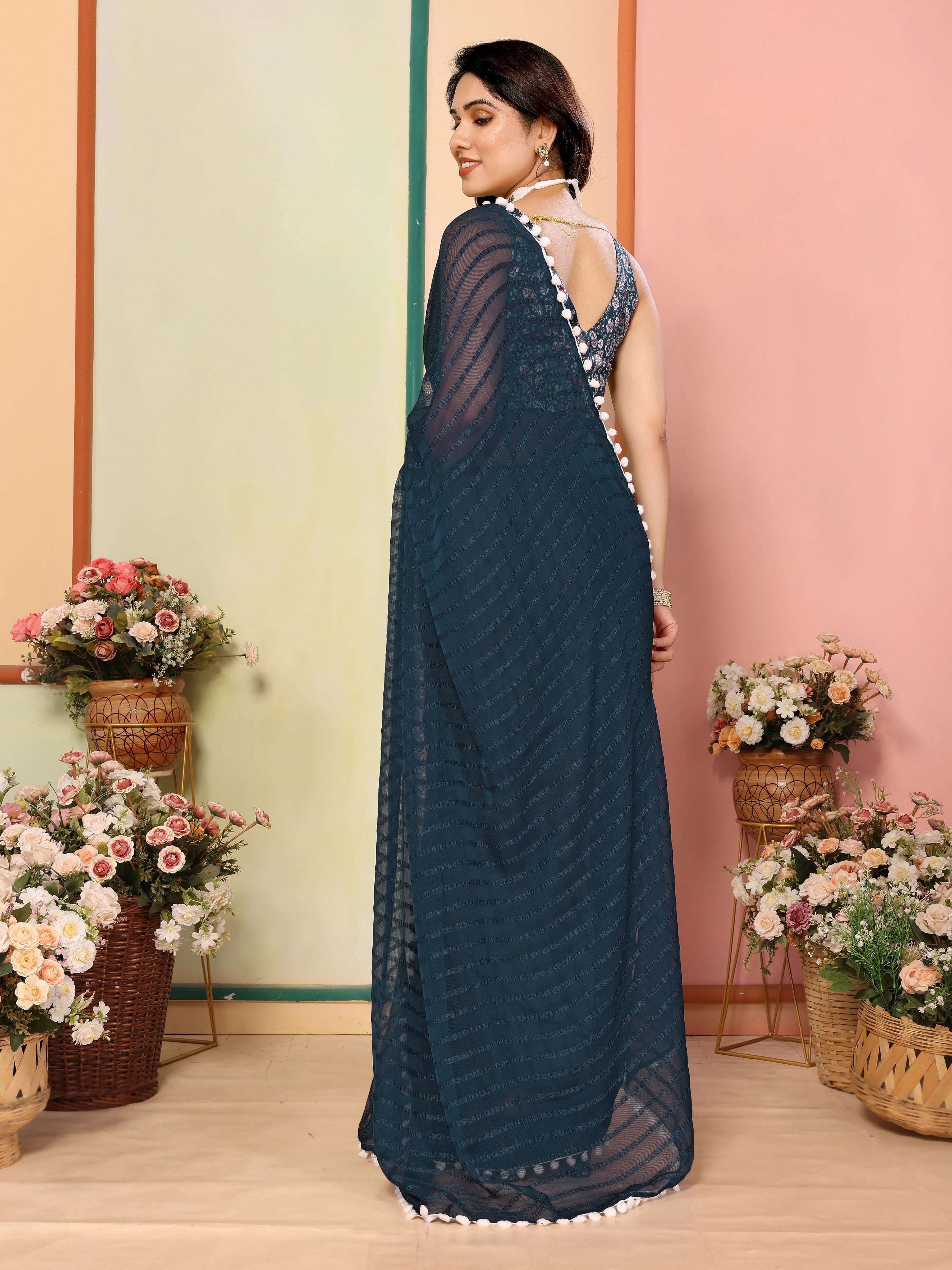 SHYAMIKA Georgette Patta Plain Saree with Digital Print Blouse