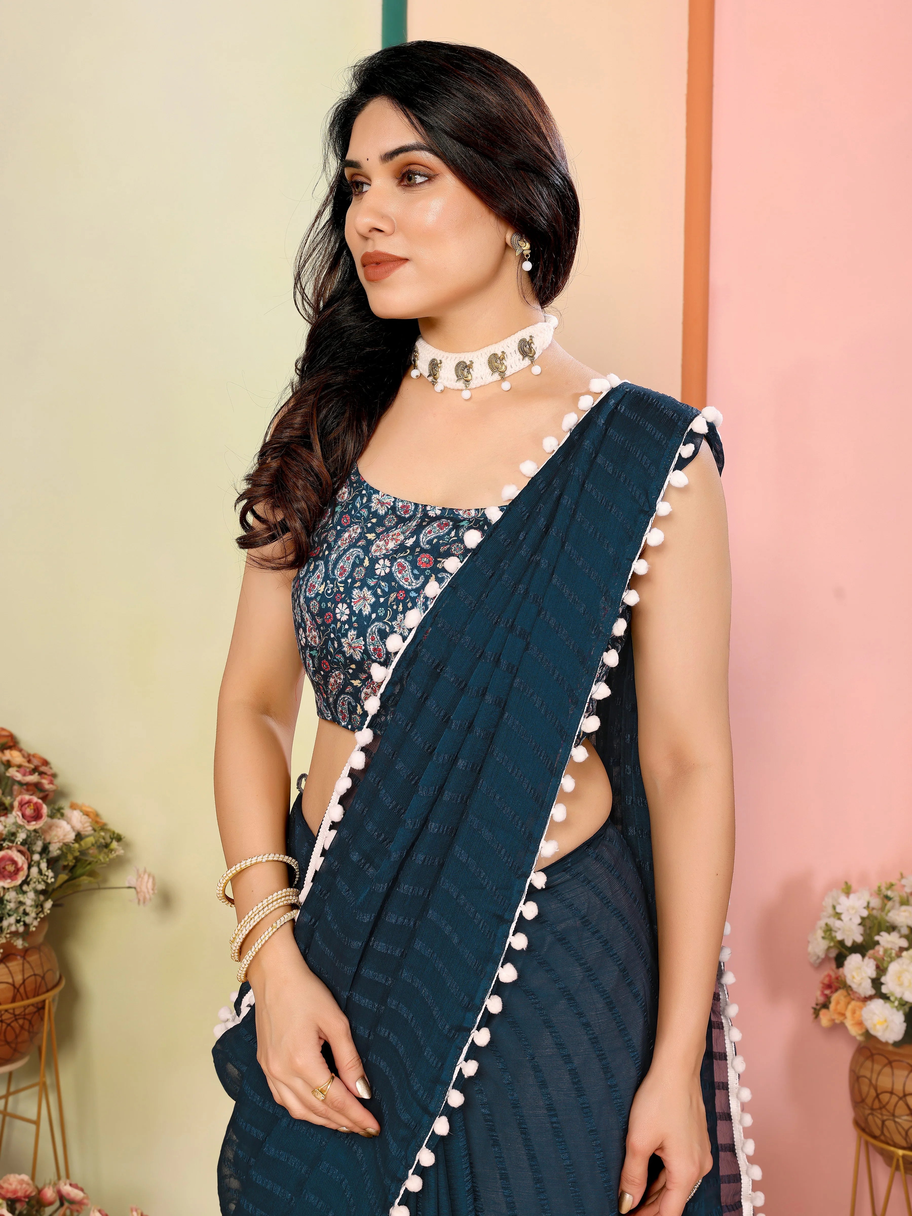 SHYAMIKA Georgette Patta Plain Saree with Digital Print Blouse