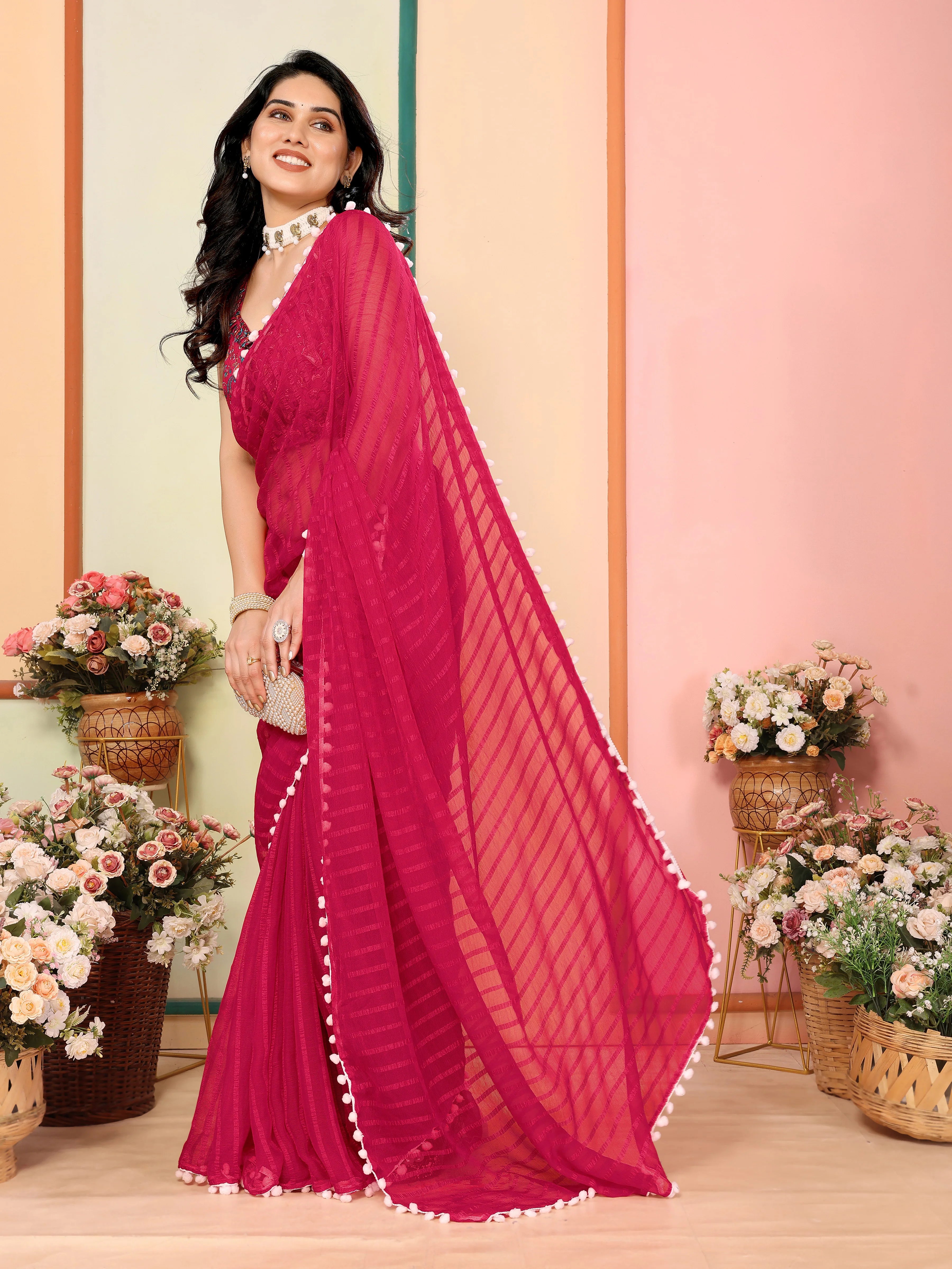 SHYAMIKA Georgette Patta Plain Saree with Digital Print Blouse