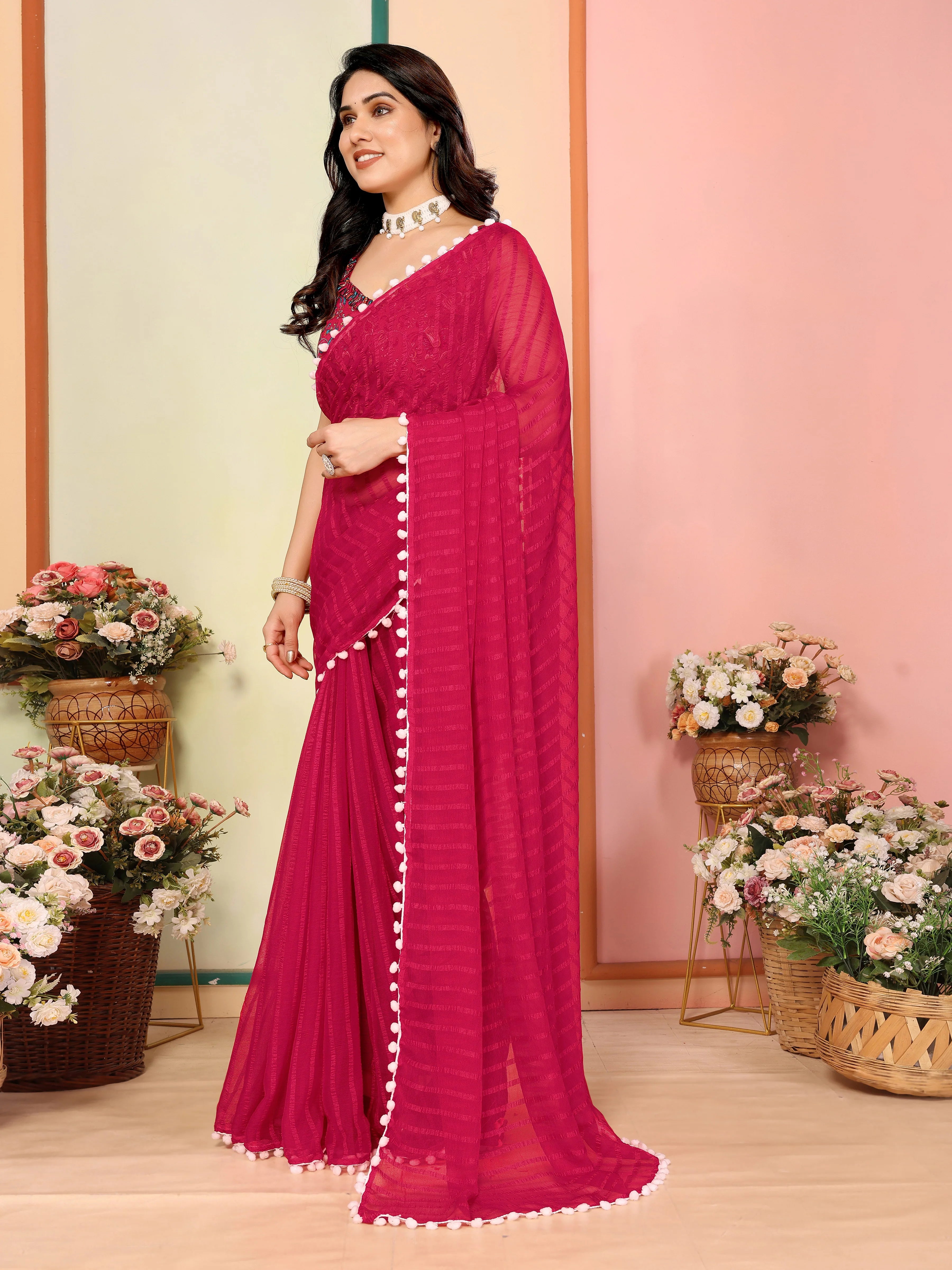 SHYAMIKA Georgette Patta Plain Saree with Digital Print Blouse