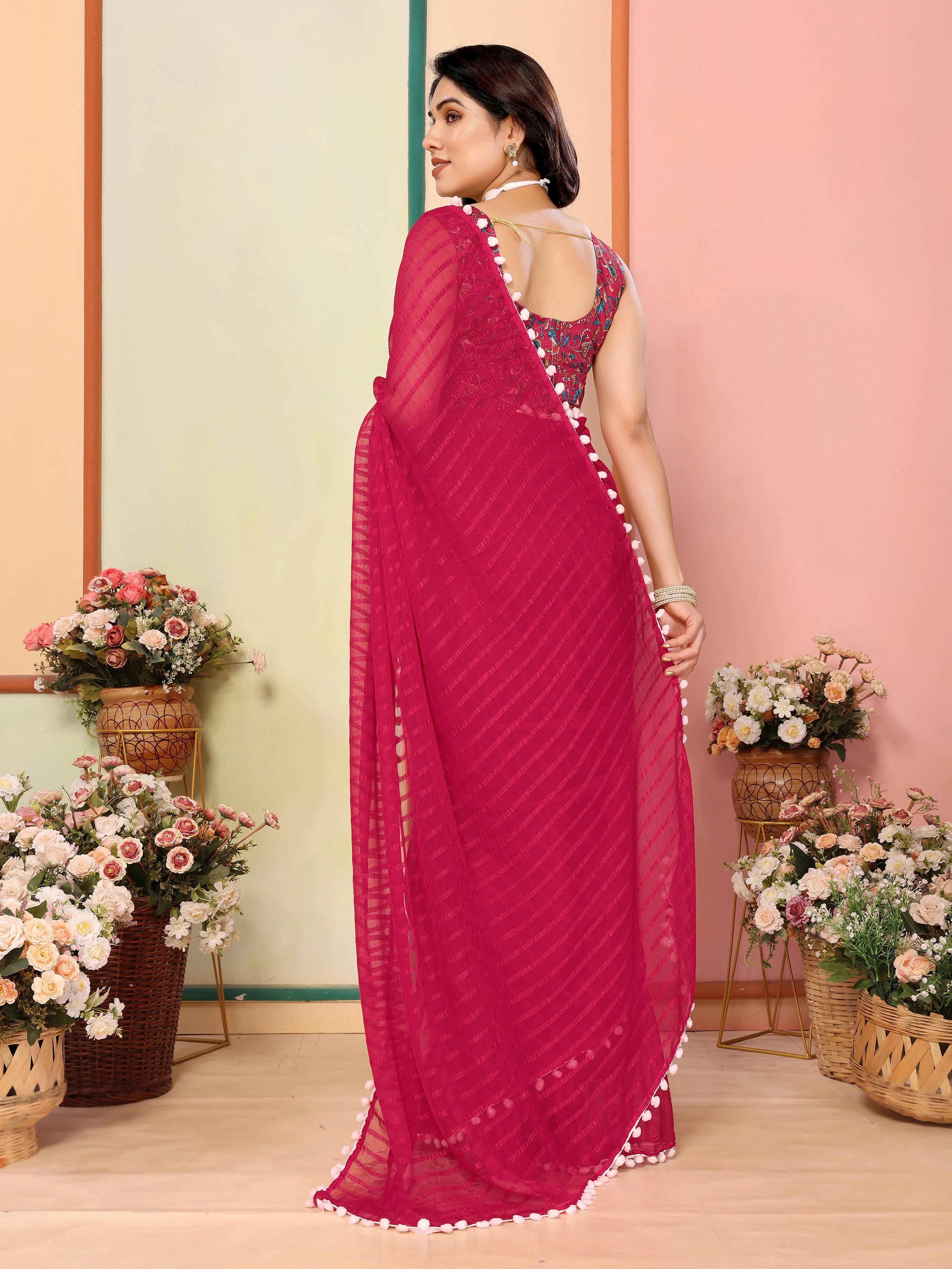 SHYAMIKA Georgette Patta Plain Saree with Digital Print Blouse