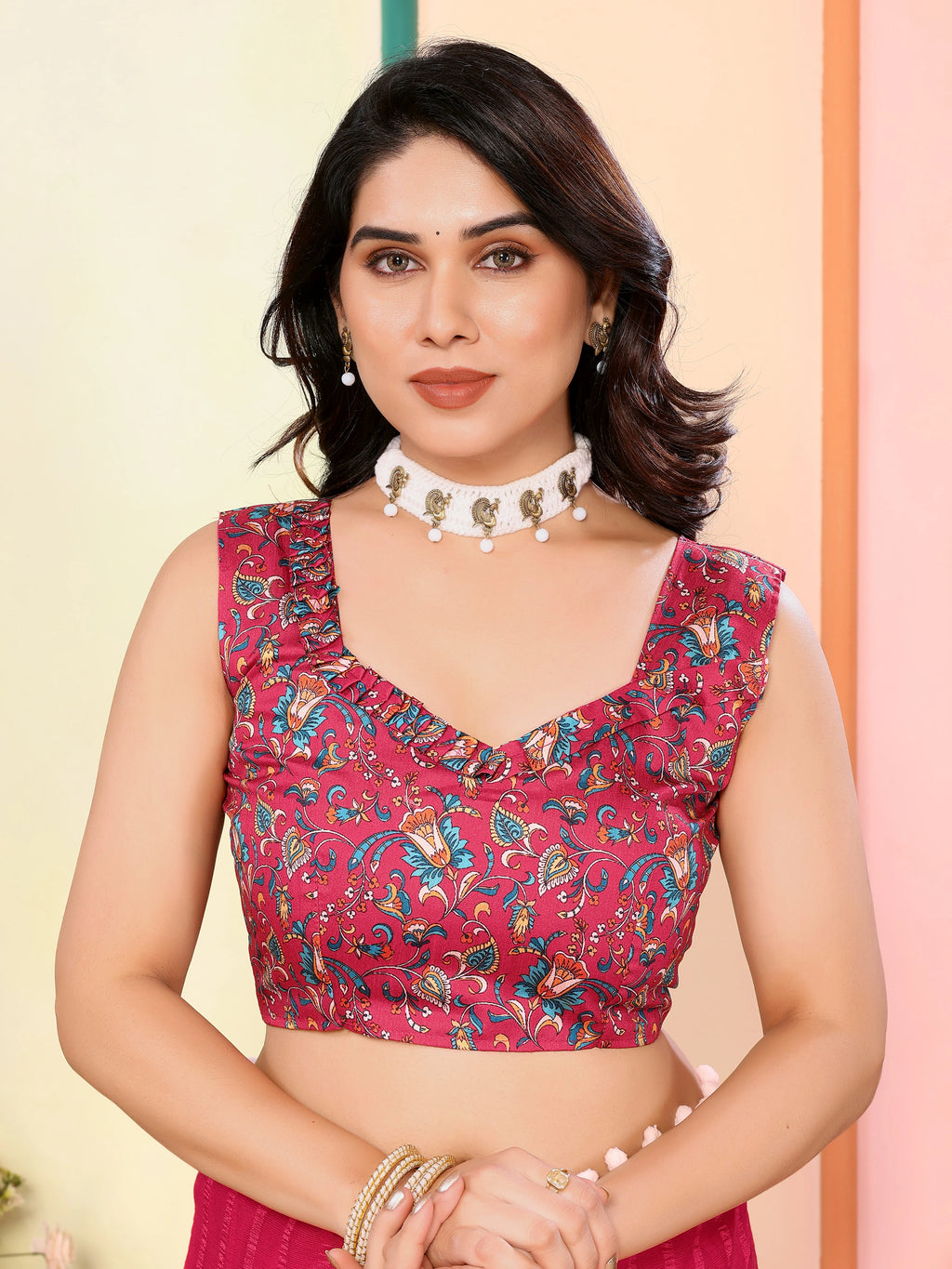 SHYAMIKA Georgette Patta Plain Saree with Digital Print Blouse