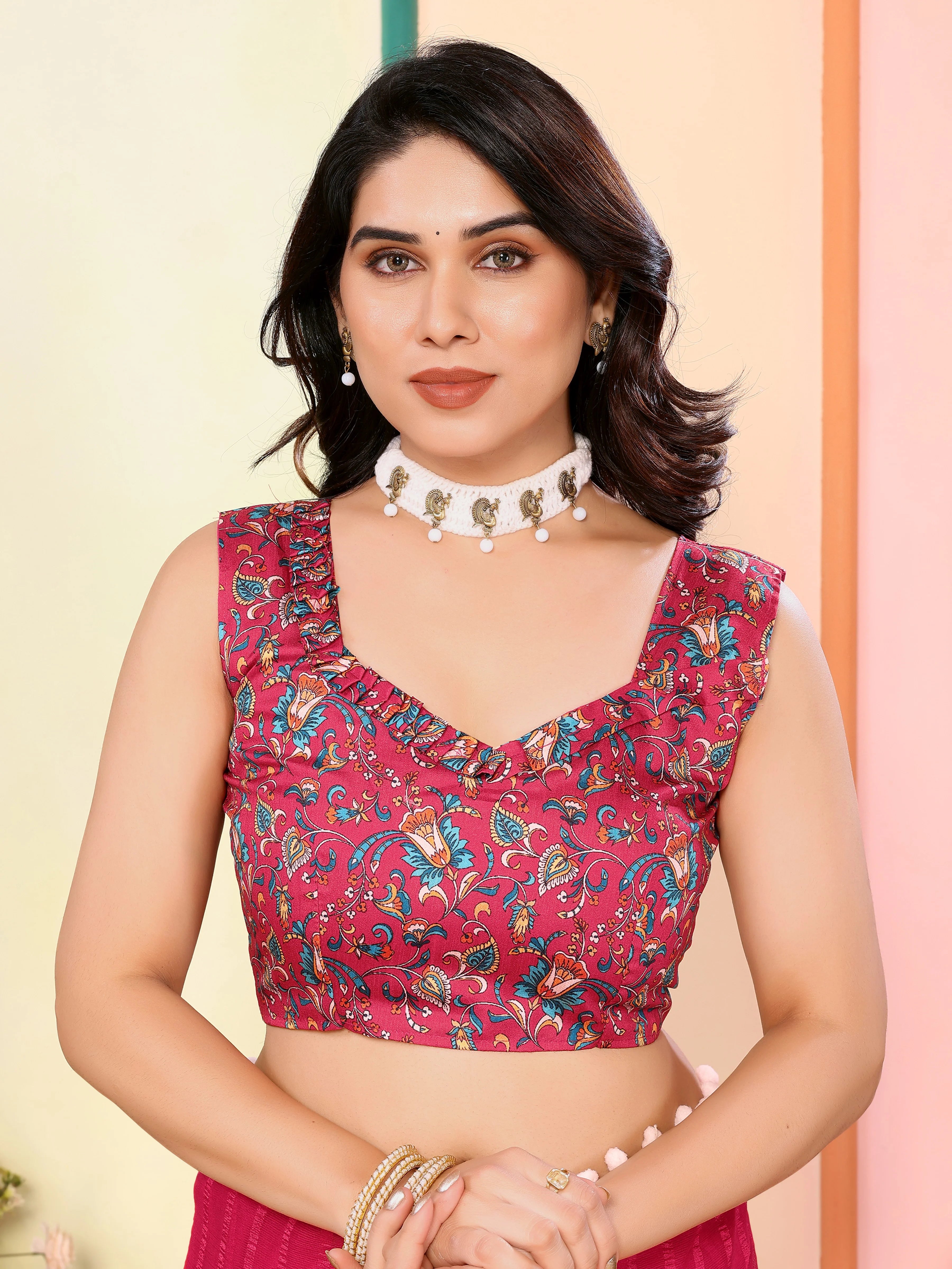 SHYAMIKA Georgette Patta Plain Saree with Digital Print Blouse