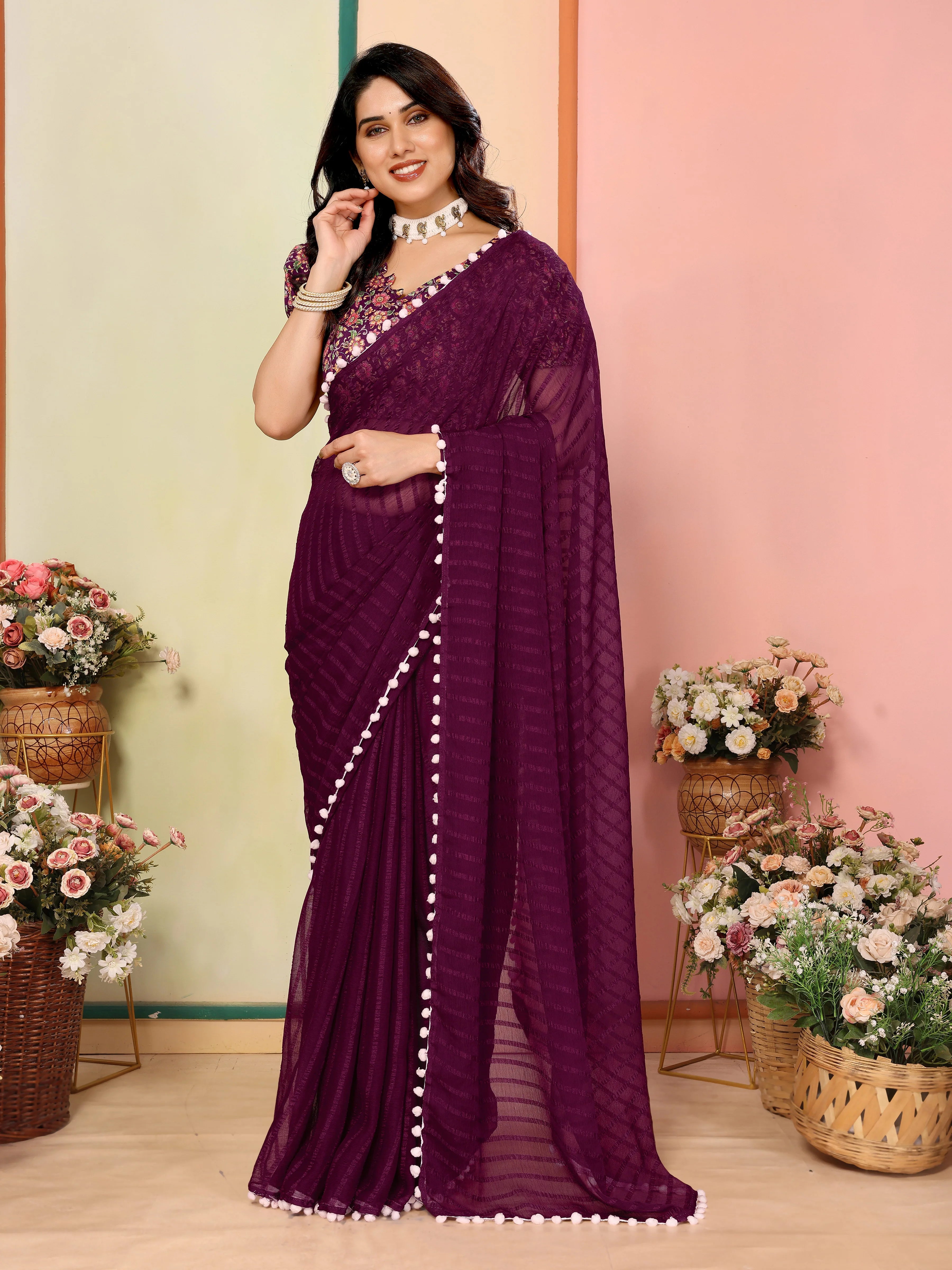 SHYAMIKA Georgette Patta Plain Saree with Digital Print Blouse