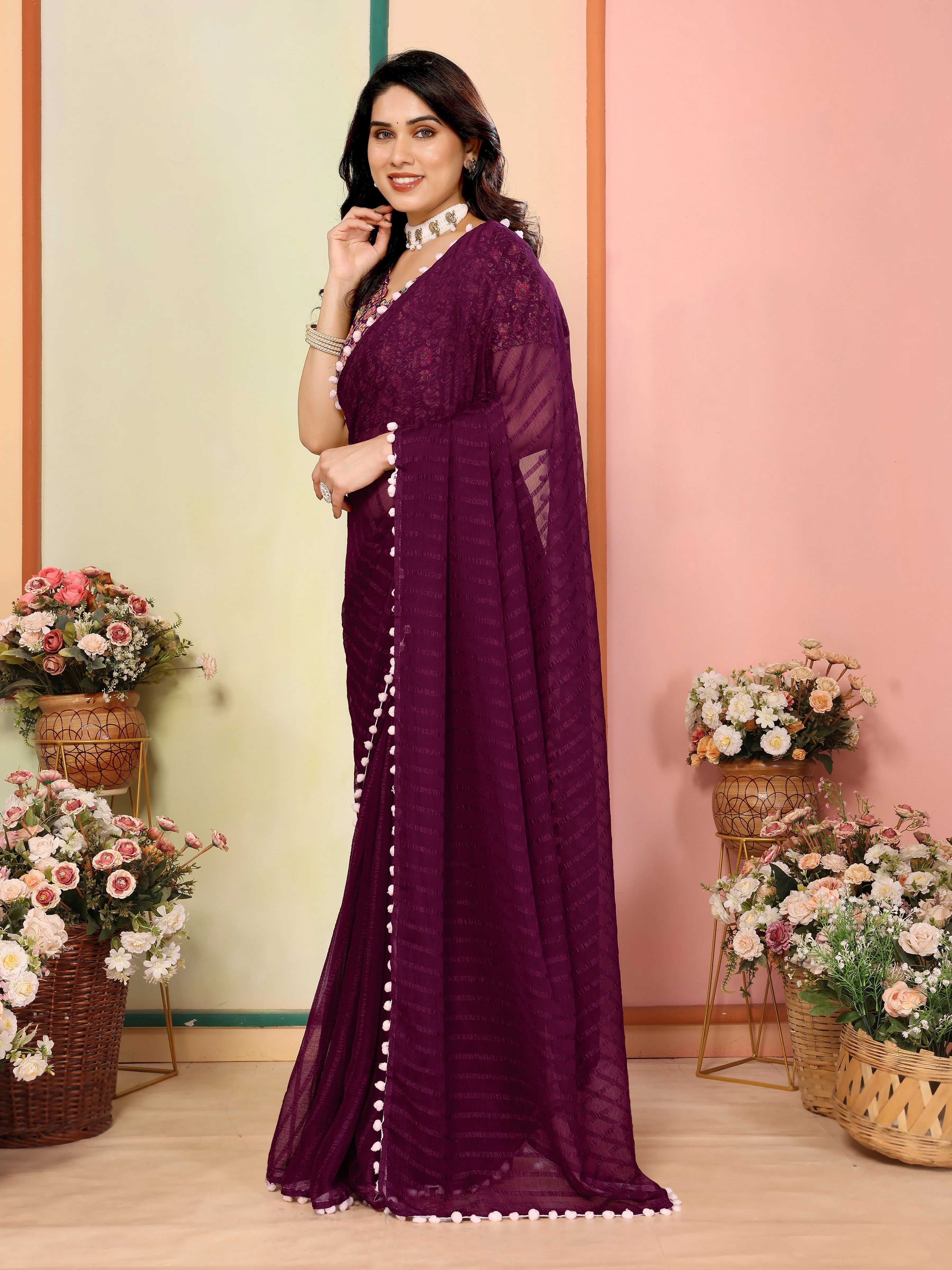 SHYAMIKA Georgette Patta Plain Saree with Digital Print Blouse