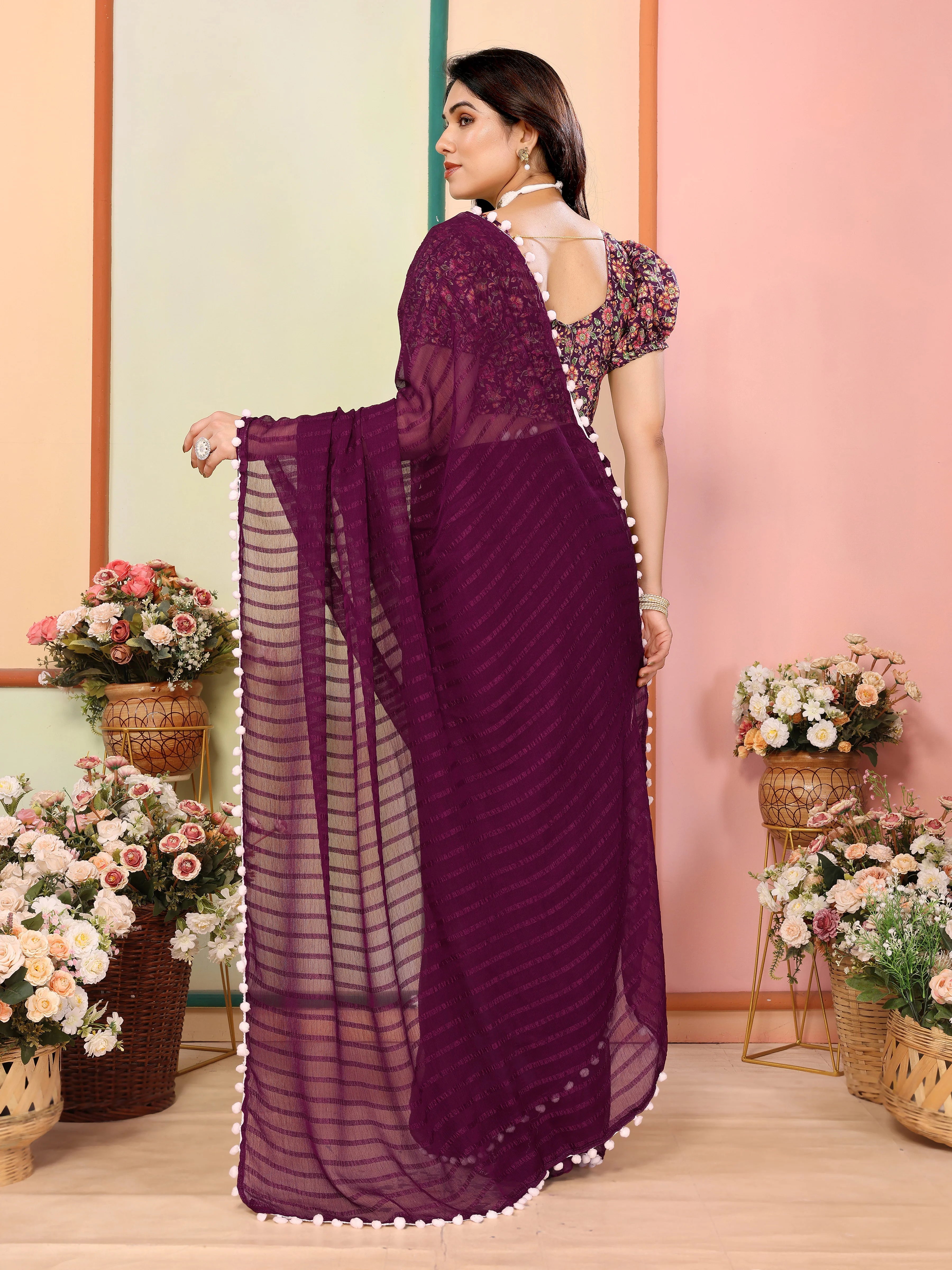 SHYAMIKA Georgette Patta Plain Saree with Digital Print Blouse