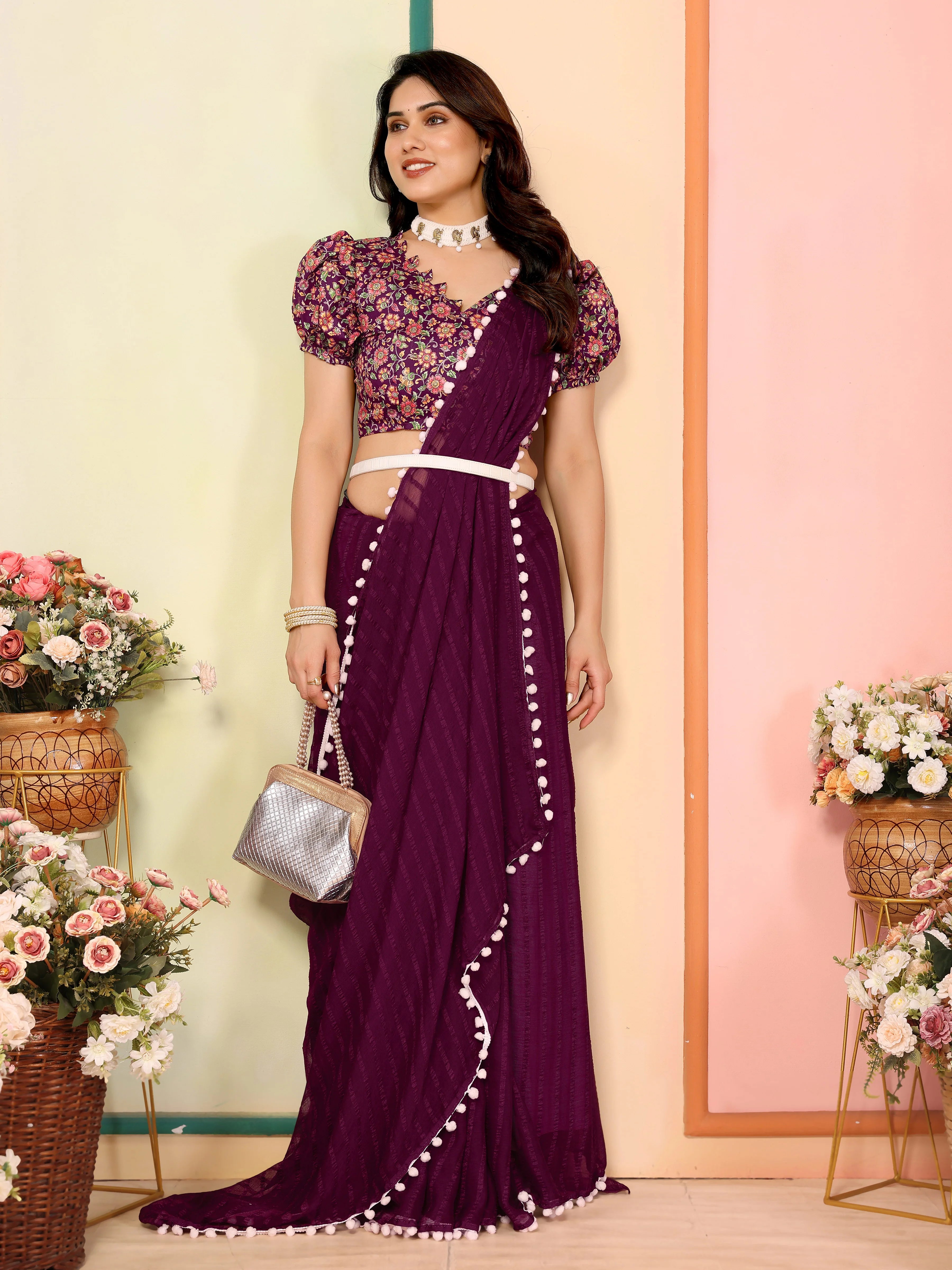 SHYAMIKA Georgette Patta Plain Saree with Digital Print Blouse