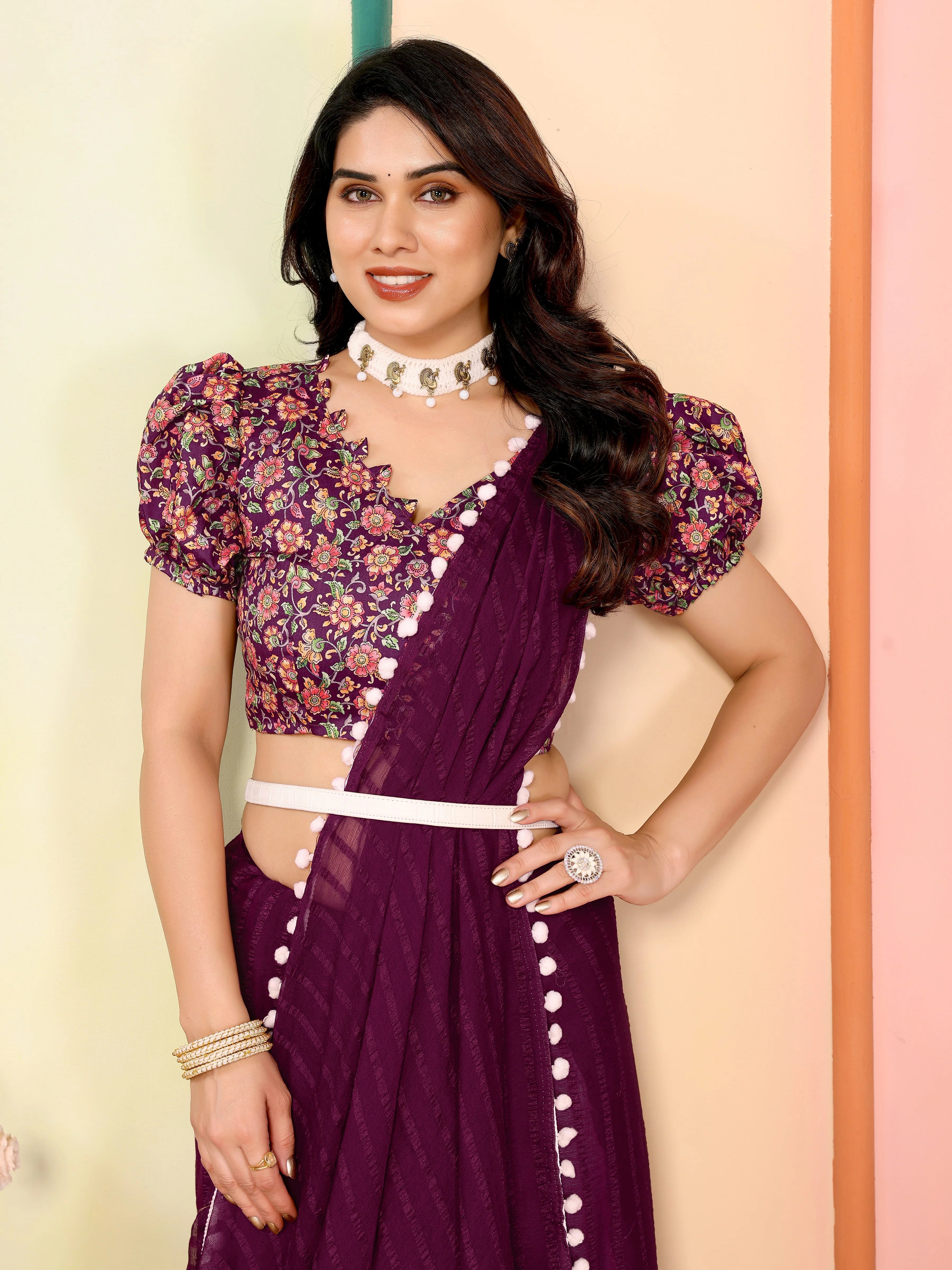 SHYAMIKA Georgette Patta Plain Saree with Digital Print Blouse