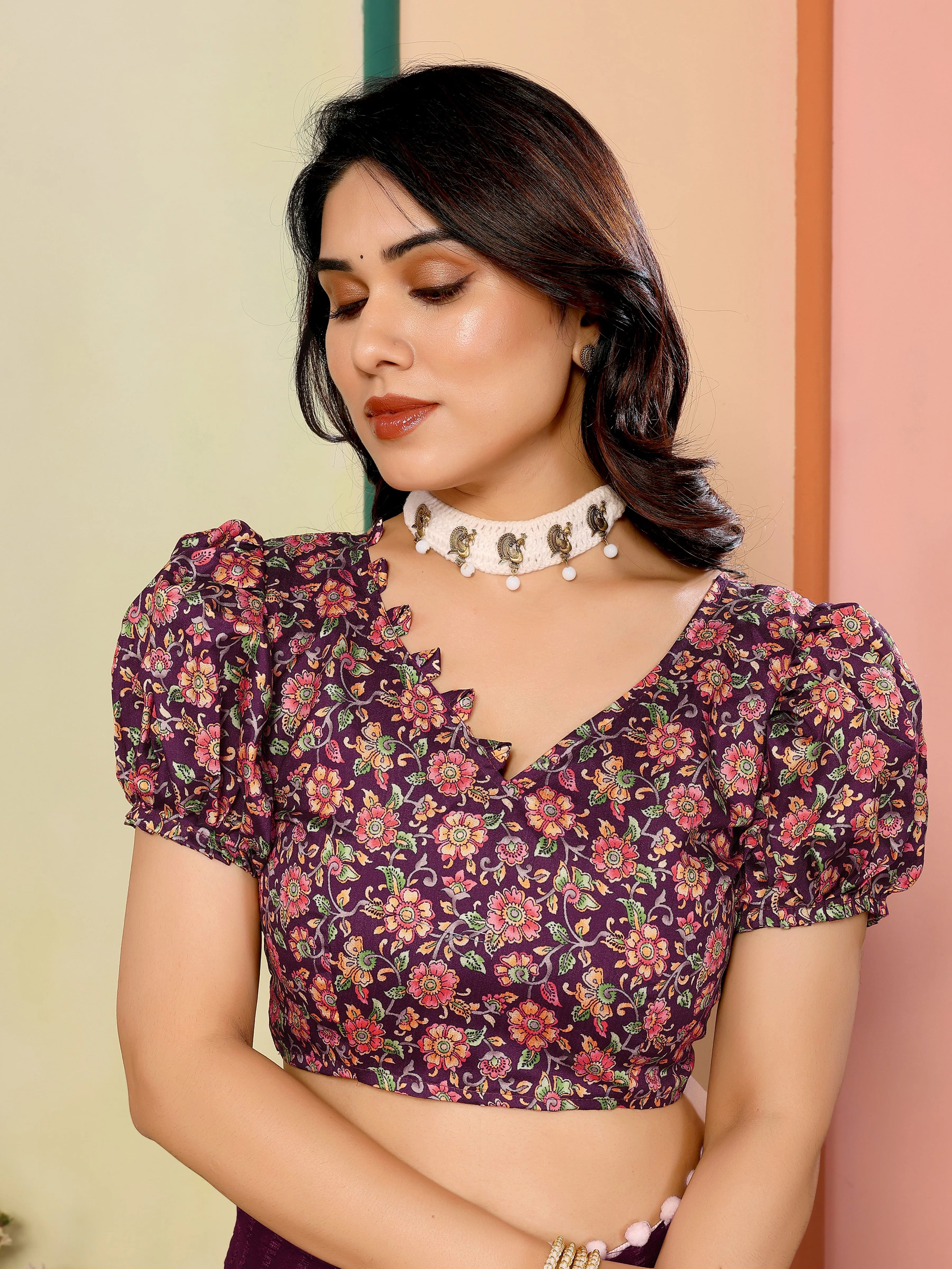 SHYAMIKA Georgette Patta Plain Saree with Digital Print Blouse