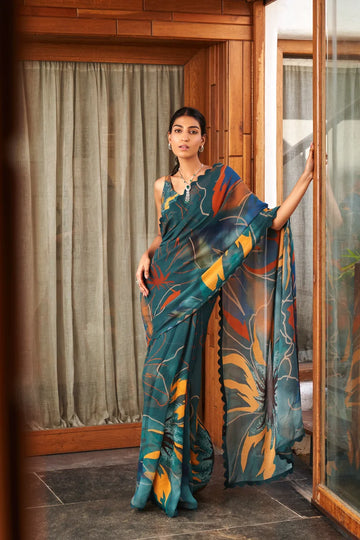 SHYAMIKA Bright Moss Rama Blue Multi Abstract Floral Printed Saree with Blouse