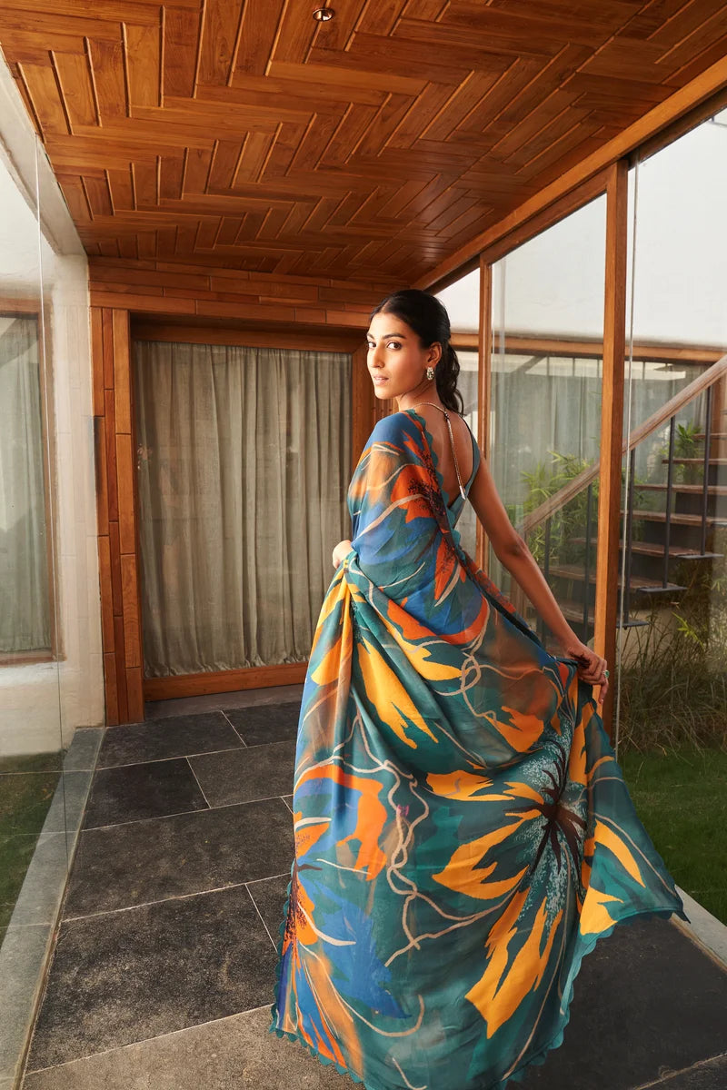 SHYAMIKA Bright Moss Rama Blue Multi Abstract Floral Printed Saree with Blouse