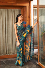 SHYAMIKA Bright Moss Rama Blue Multi Abstract Floral Printed Saree with Blouse