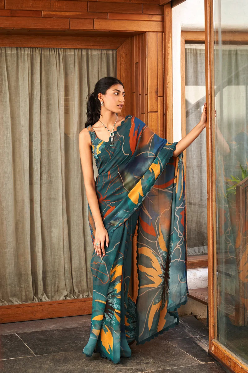 SHYAMIKA Bright Moss Rama Blue Multi Abstract Floral Printed Saree with Blouse
