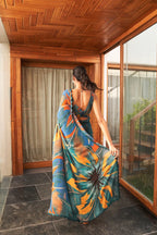 SHYAMIKA Bright Moss Rama Blue Multi Abstract Floral Printed Saree with Blouse