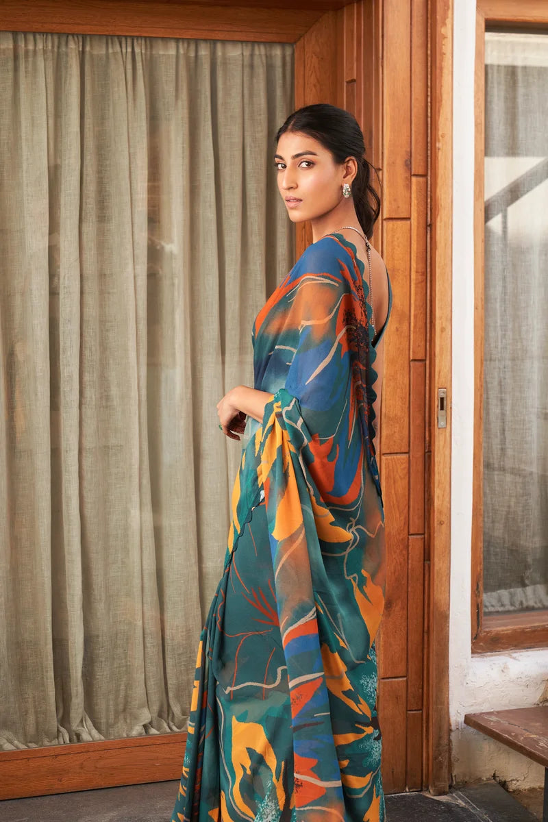 SHYAMIKA Bright Moss Rama Blue Multi Abstract Floral Printed Saree with Blouse