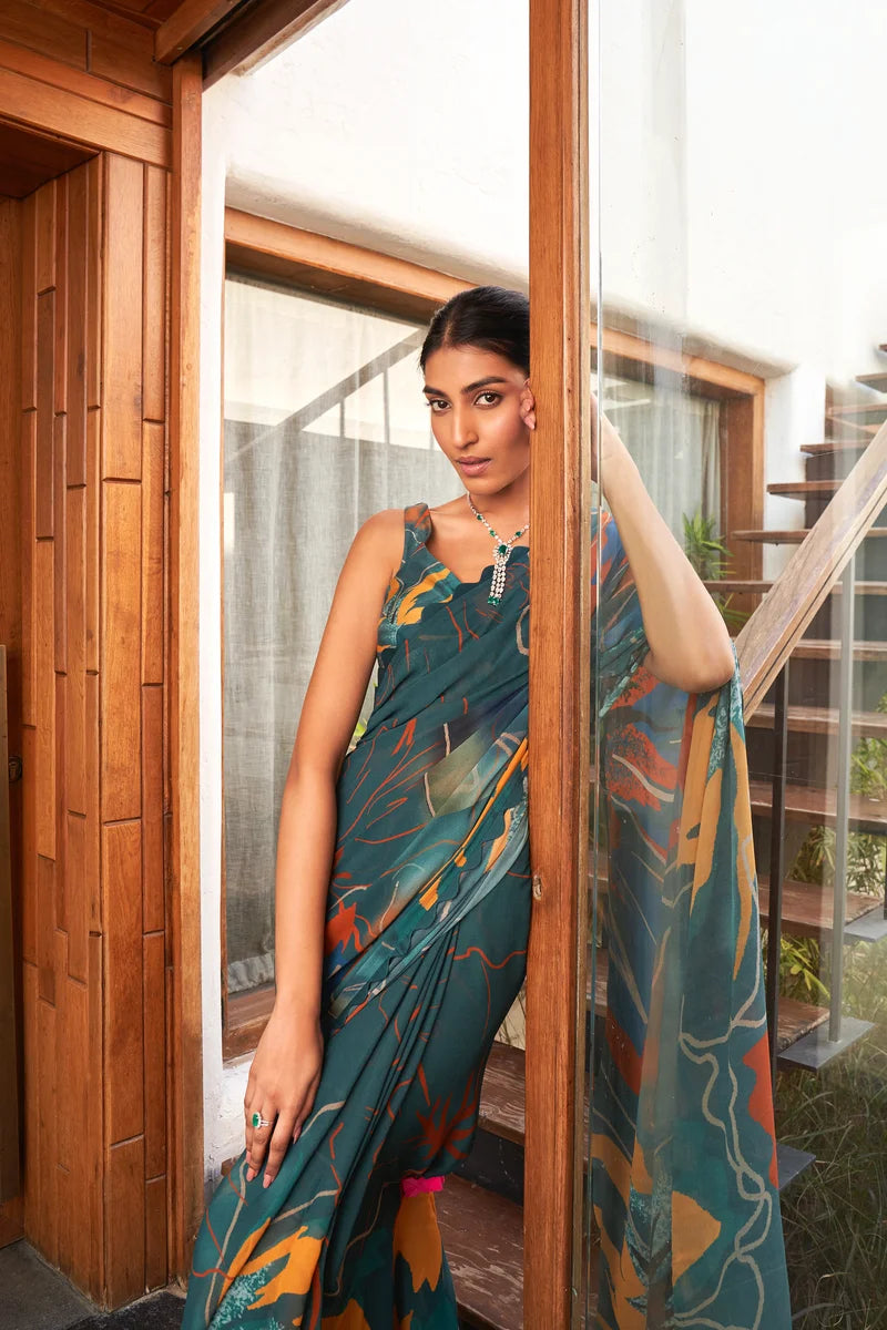 SHYAMIKA Bright Moss Rama Blue Multi Abstract Floral Printed Saree with Blouse