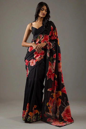 SHYAMIKA Moss Digital Floral Printed Saree with Blouse Piece