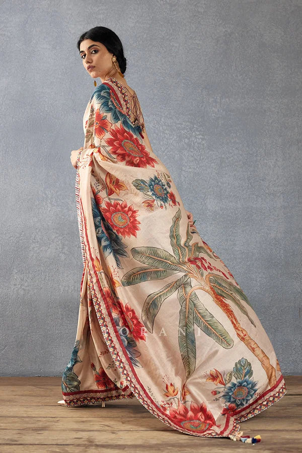 SHYAMIKA Bright Moss Digital Floral Beige Saree with Blouse