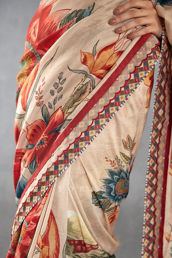 SHYAMIKA Bright Moss Digital Floral Beige Saree with Blouse