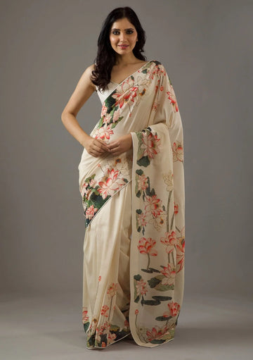 SHYAMIKA Bright Moss Cream Digital Lotus Flower Saree with Blouse