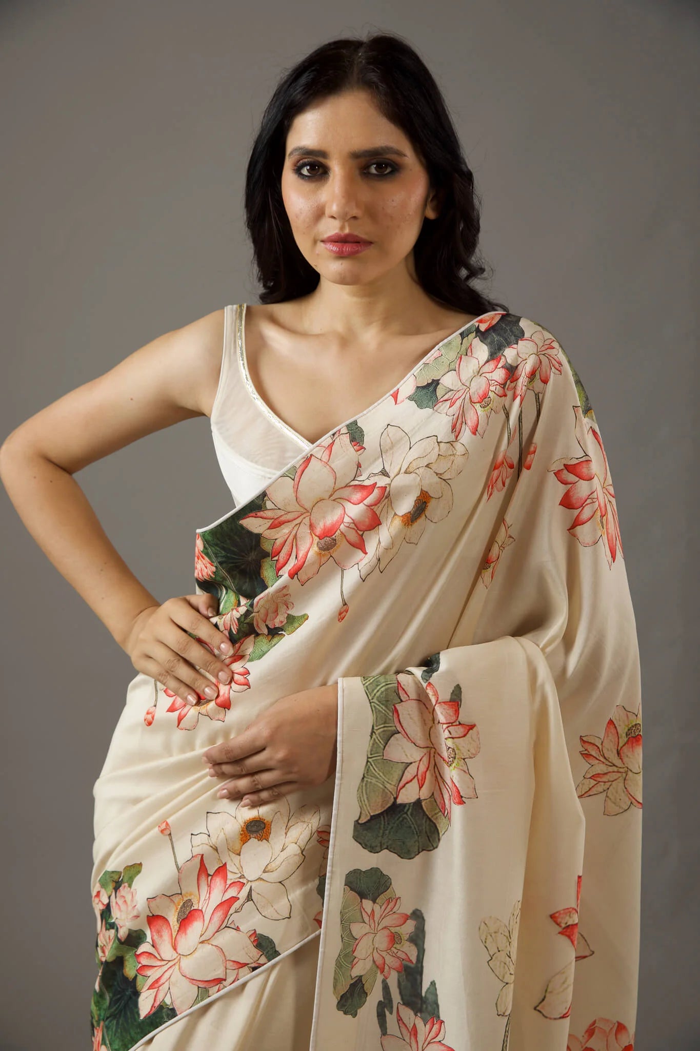 SHYAMIKA Bright Moss Cream Digital Lotus Flower Saree with Blouse