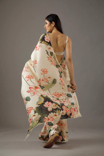 SHYAMIKA Bright Moss Cream Digital Lotus Flower Saree with Blouse
