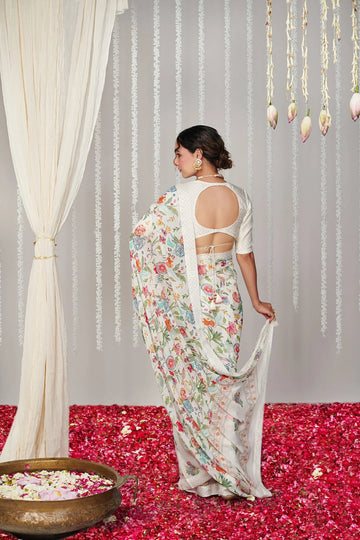 SHYAMIKA Bright Moss White Digital Heavy Floral Saree with Blouse