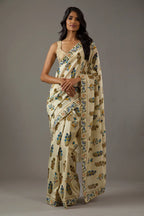 SHYAMIKA Bright Moss Off-White Ethnic Floral Print Saree with Blouse