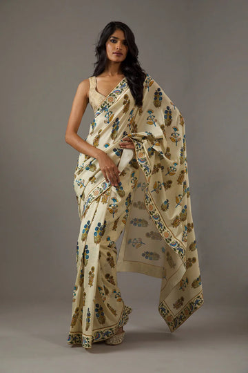 SHYAMIKA Bright Moss Off-White Ethnic Floral Print Saree with Blouse