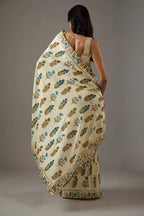 SHYAMIKA Bright Moss Off-White Ethnic Floral Print Saree with Blouse