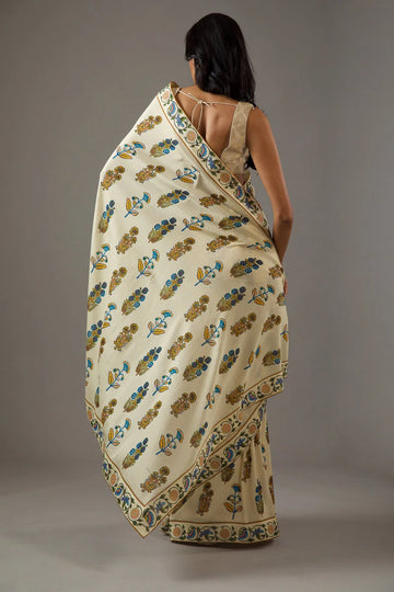 SHYAMIKA Bright Moss Off-White Ethnic Floral Print Saree with Blouse