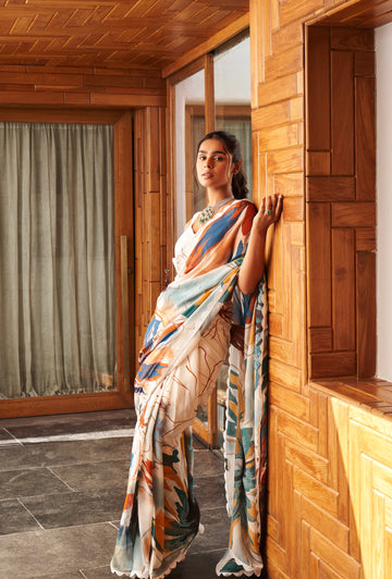 SHYAMIKA Bright Moss White Multi Abstract Printed Saree with Blouse