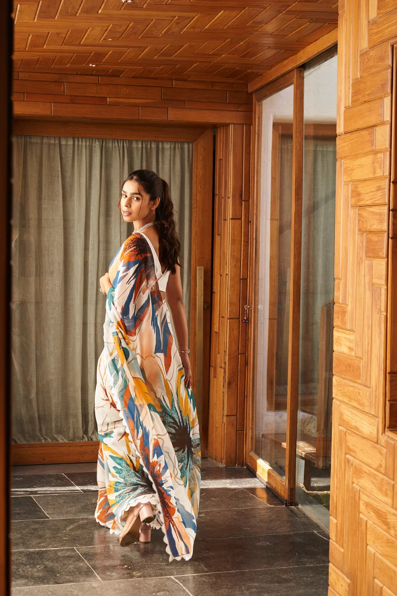SHYAMIKA Bright Moss White Multi Abstract Printed Saree with Blouse