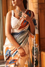 SHYAMIKA Bright Moss White Multi Abstract Printed Saree with Blouse