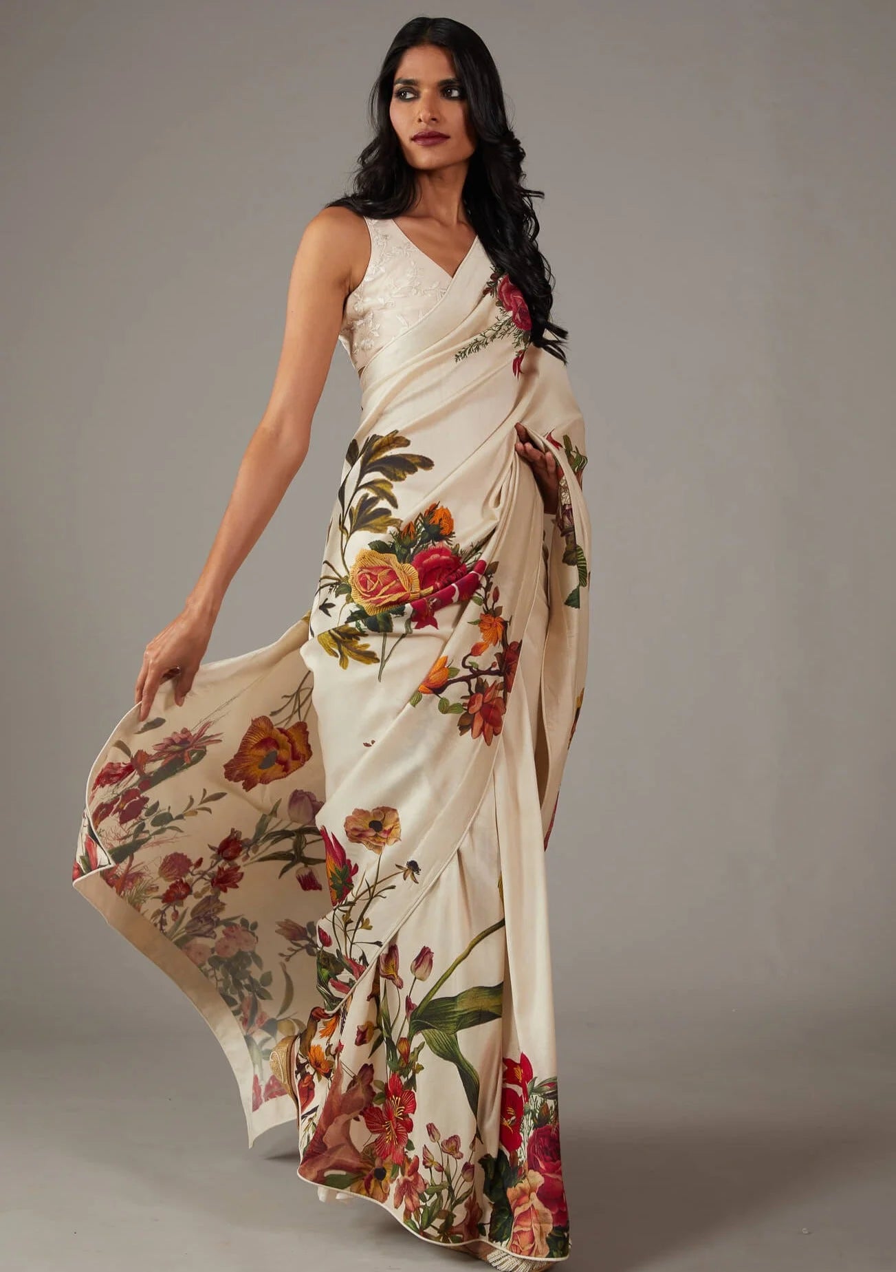 SHYAMIKA Silk Digital Print Off White Saree with Blouse