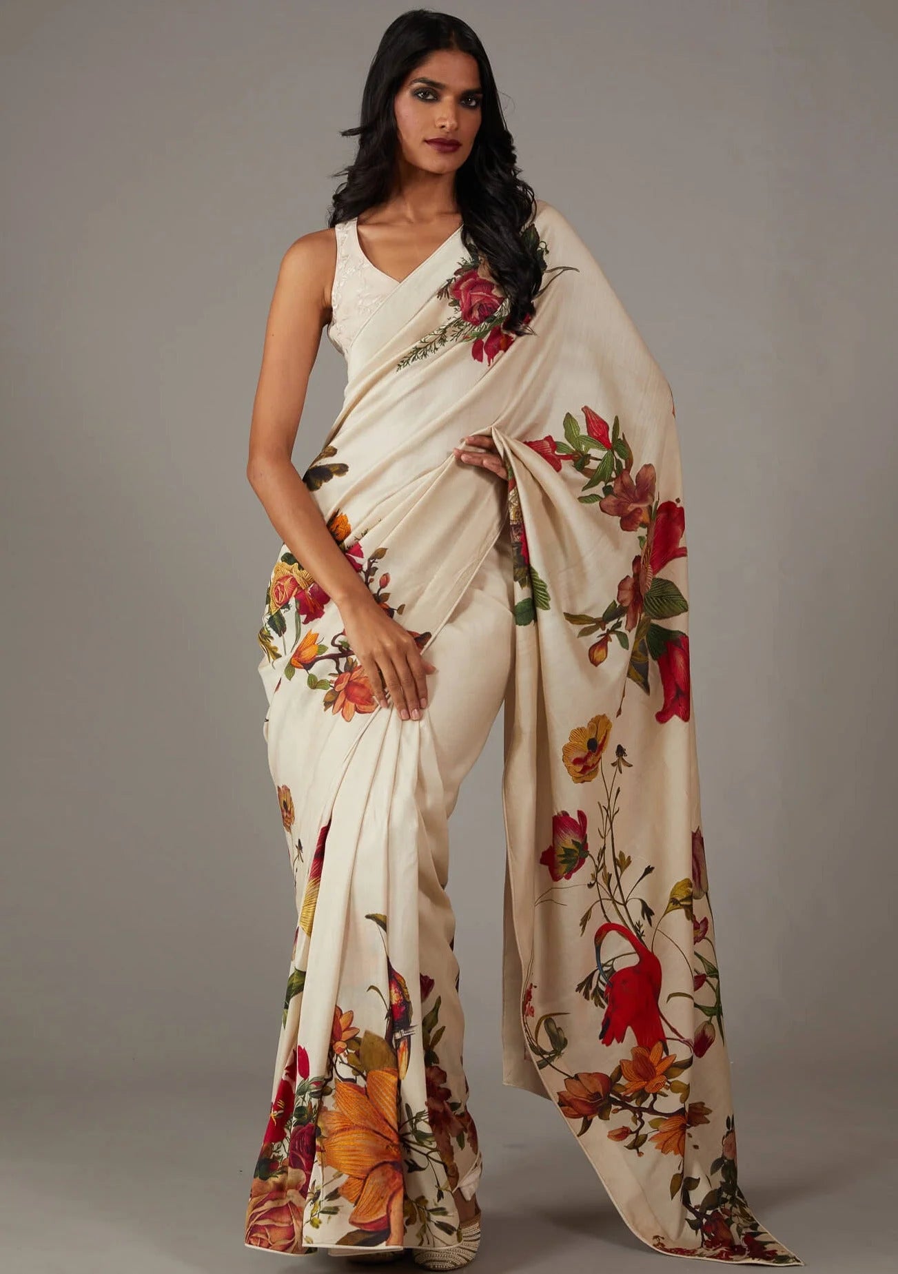 SHYAMIKA Silk Digital Print Off White Saree with Blouse