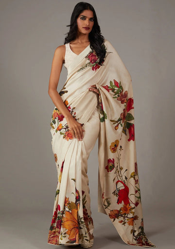SHYAMIKA Silk Digital Print Off White Saree with Blouse