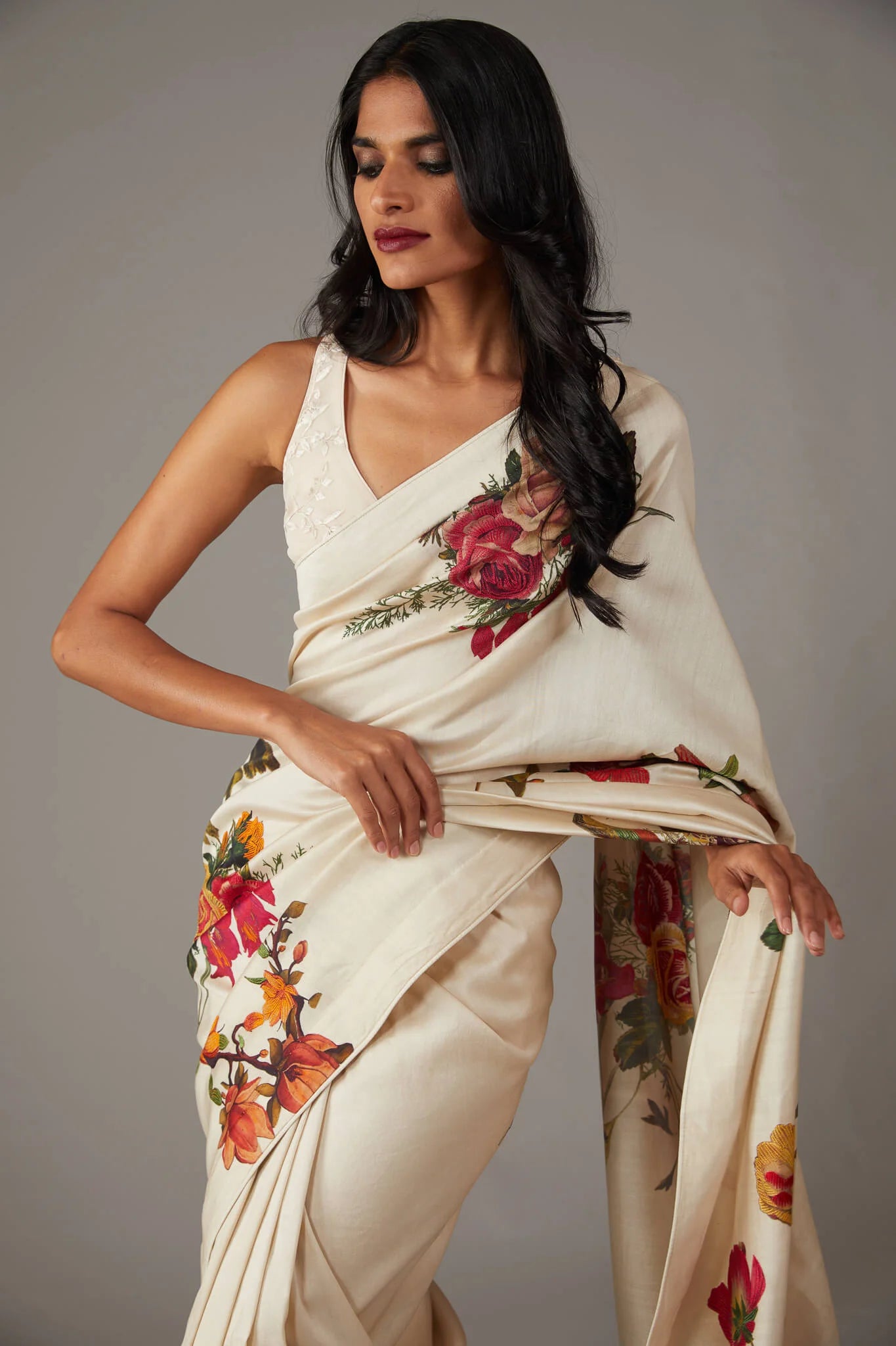 SHYAMIKA Silk Digital Print Off White Saree with Blouse