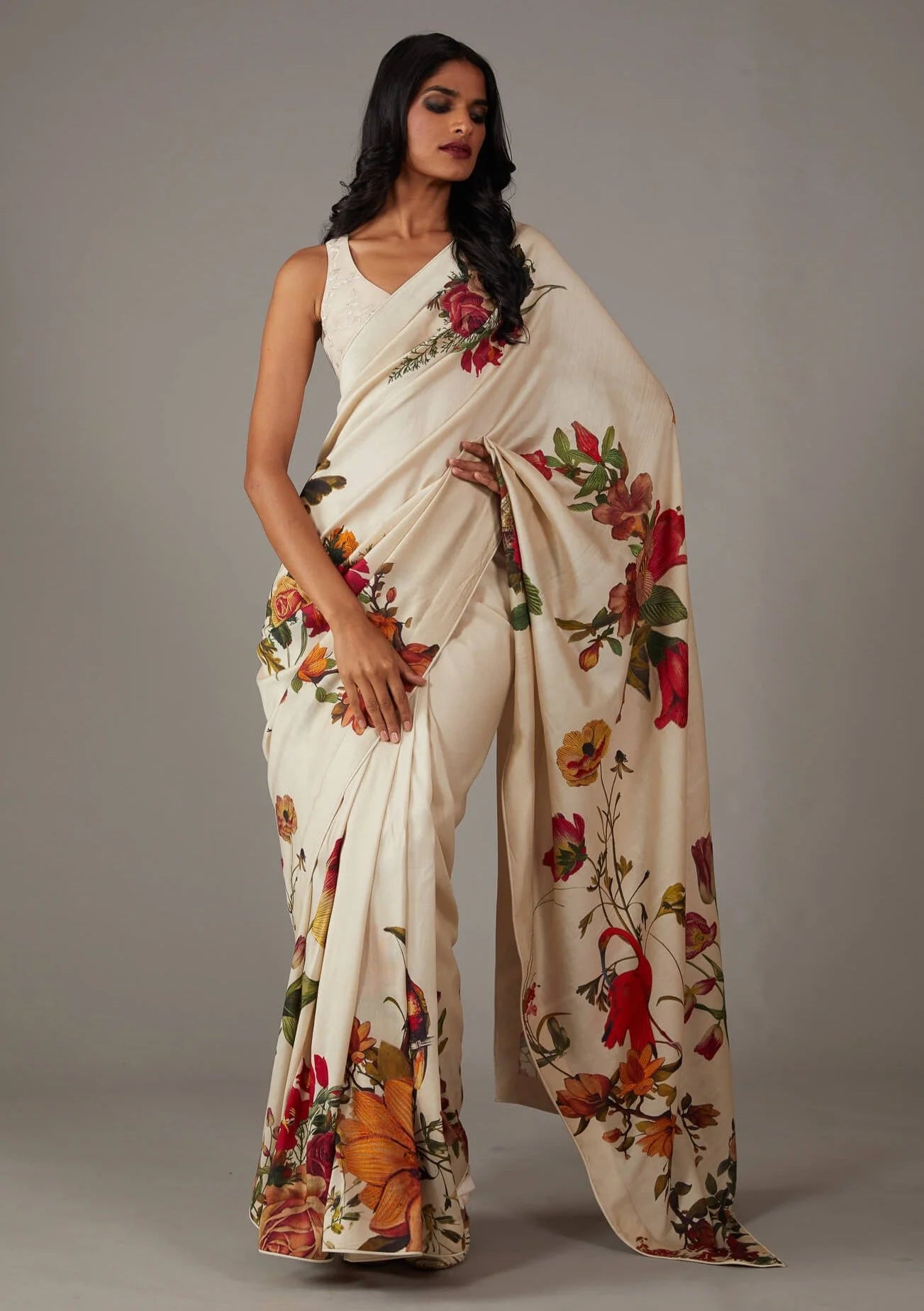 SHYAMIKA Silk Digital Print Off White Saree with Blouse