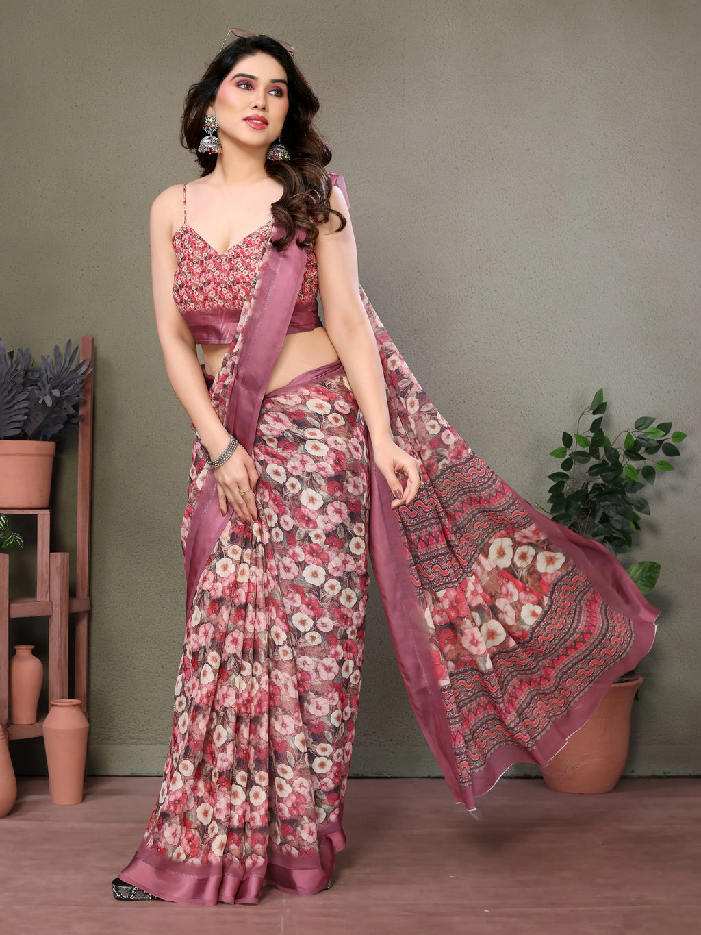 SHYAMIKA Royal Satin Patta Digital Print Saree with Blouse