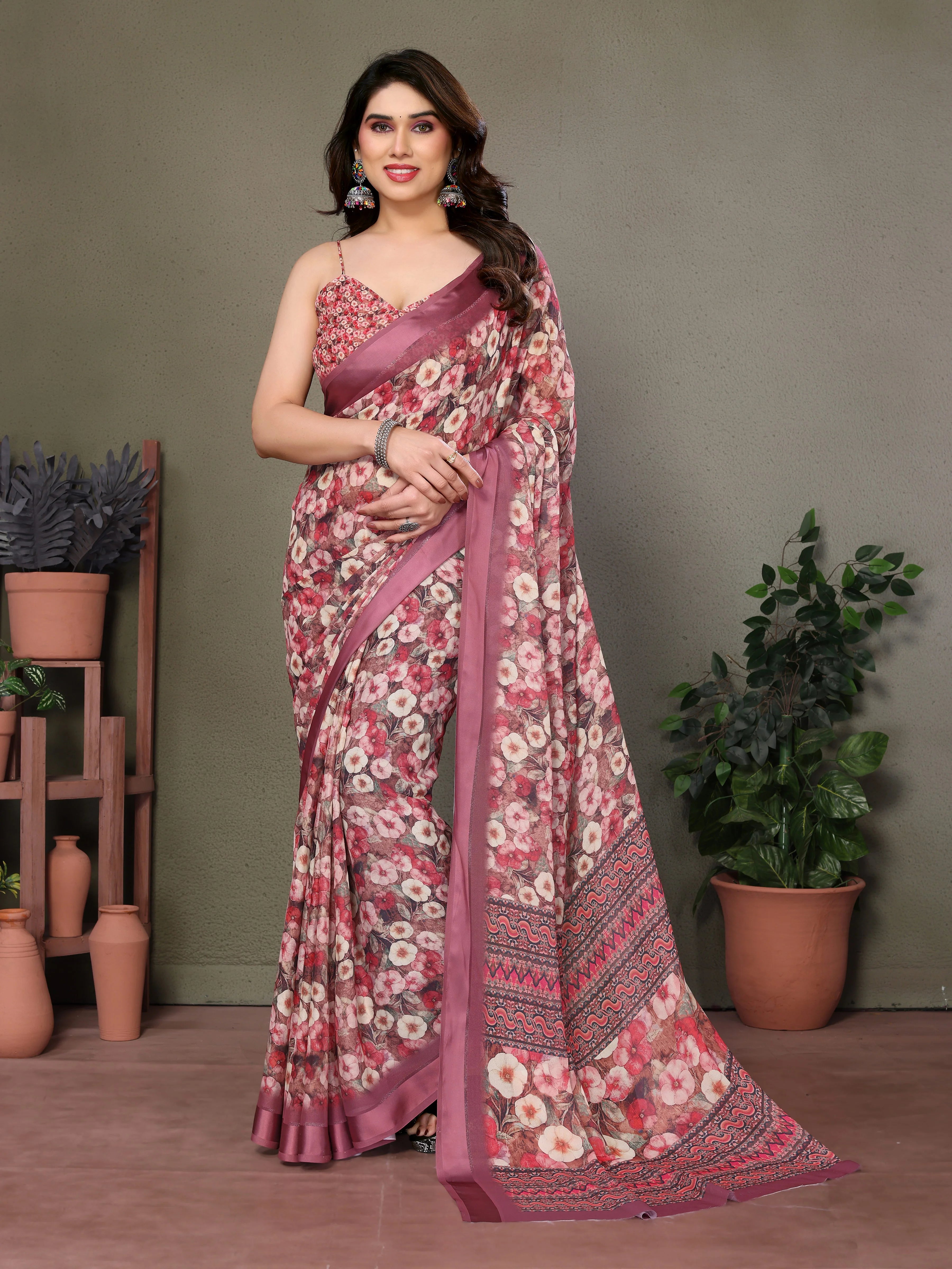 SHYAMIKA Royal Satin Patta Digital Print Saree with Blouse