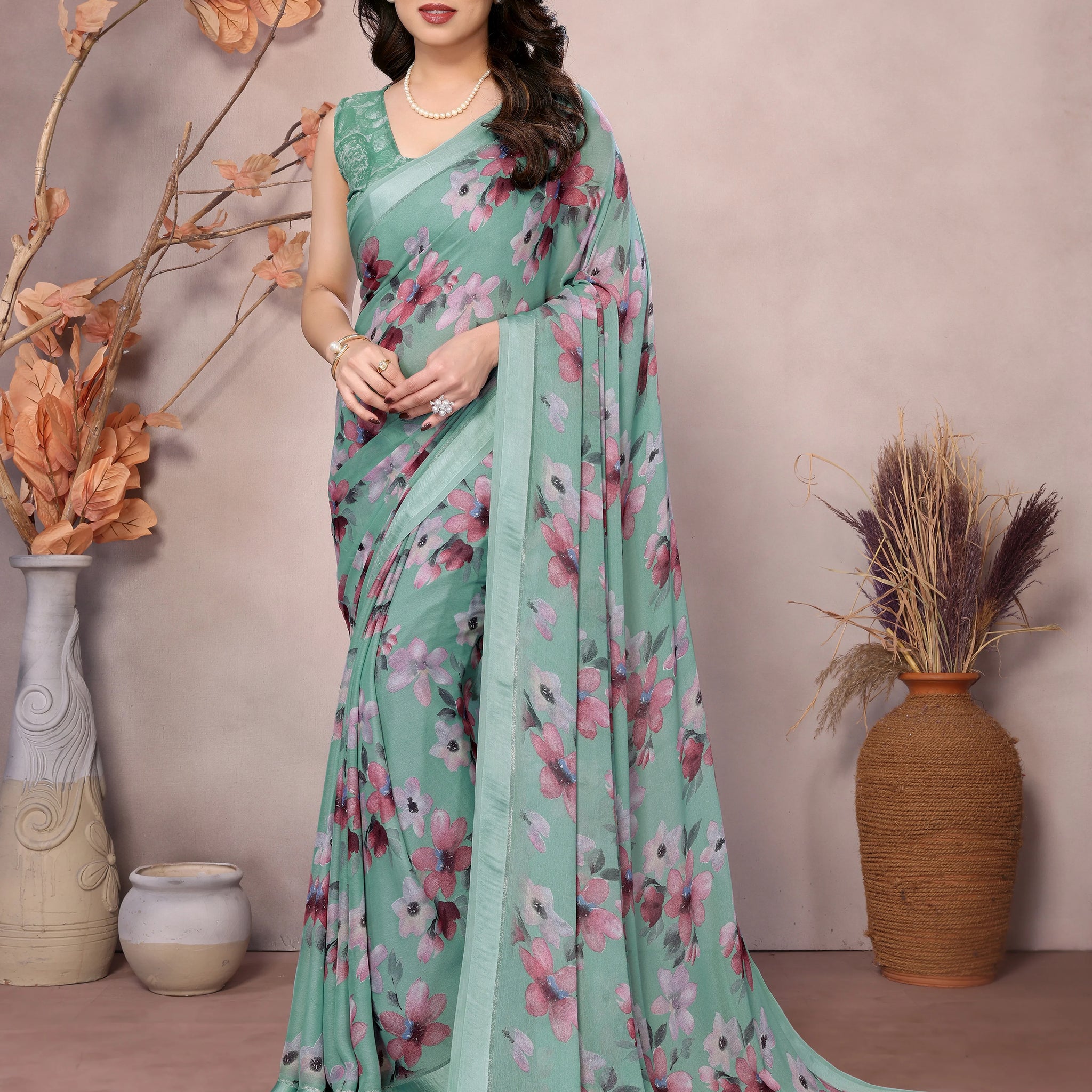 SHYAMIKA Bright Moss Satin Patta flower Printed Saree with Blouse