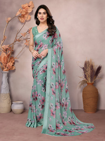 SHYAMIKA Bright Moss Satin Patta flower Printed Saree with Blouse