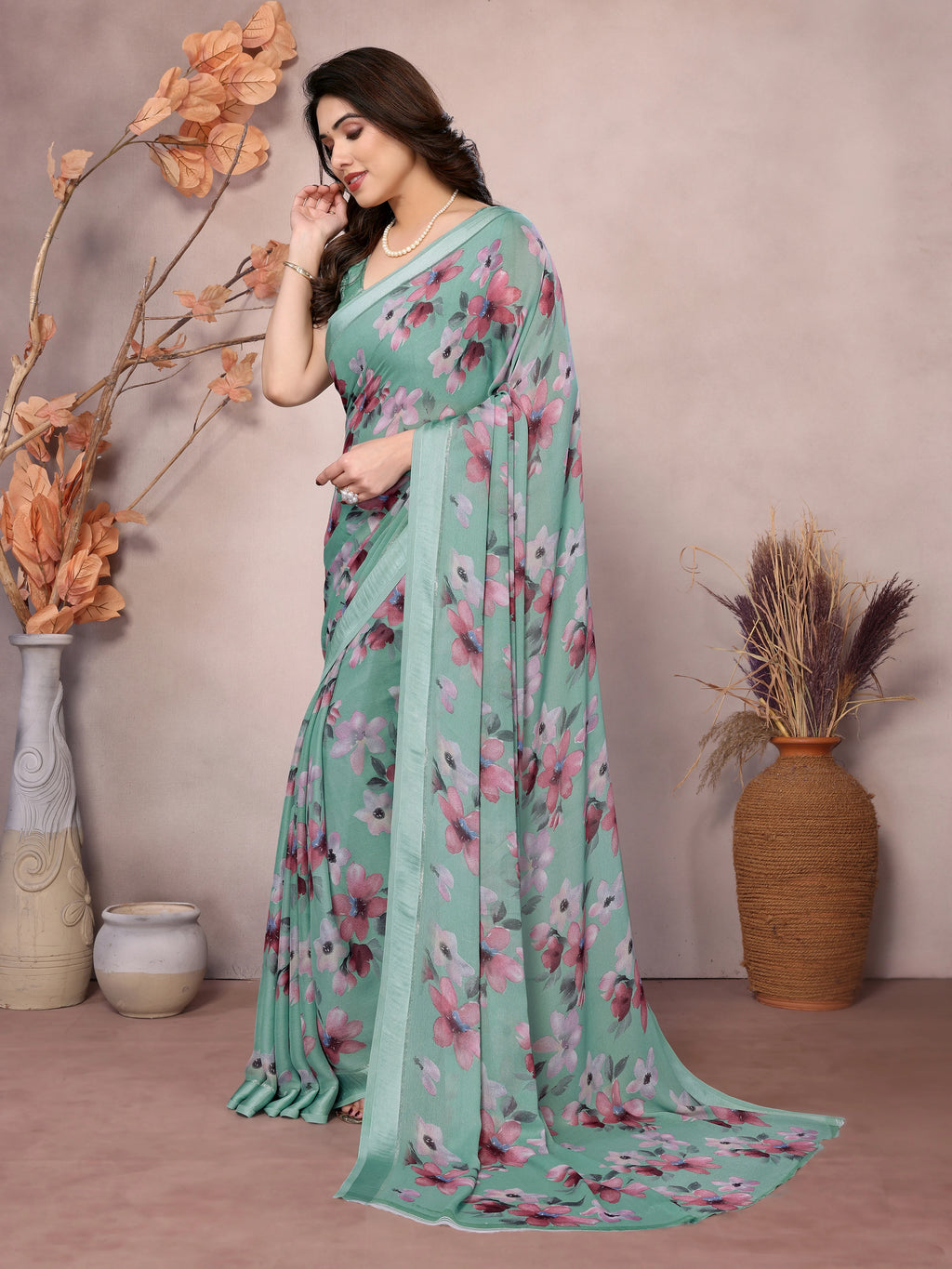 SHYAMIKA Bright Moss Satin Patta flower Printed Saree with Blouse