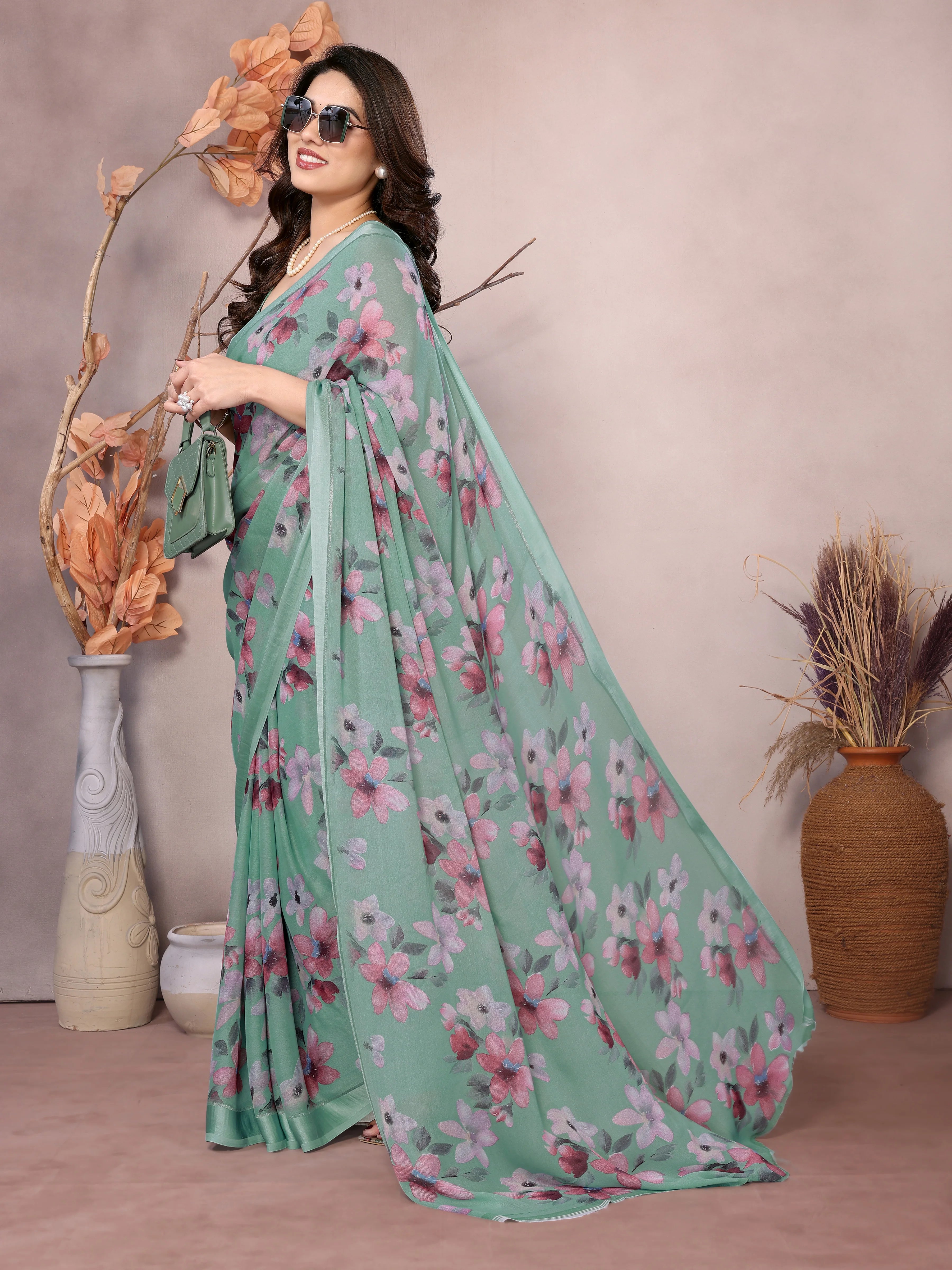 SHYAMIKA Bright Moss Satin Patta flower Printed Saree with Blouse