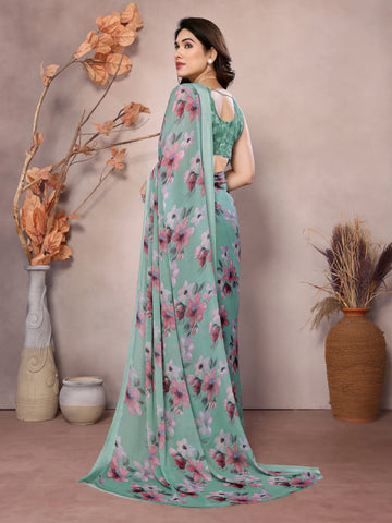 SHYAMIKA Bright Moss Satin Patta flower Printed Saree with Blouse